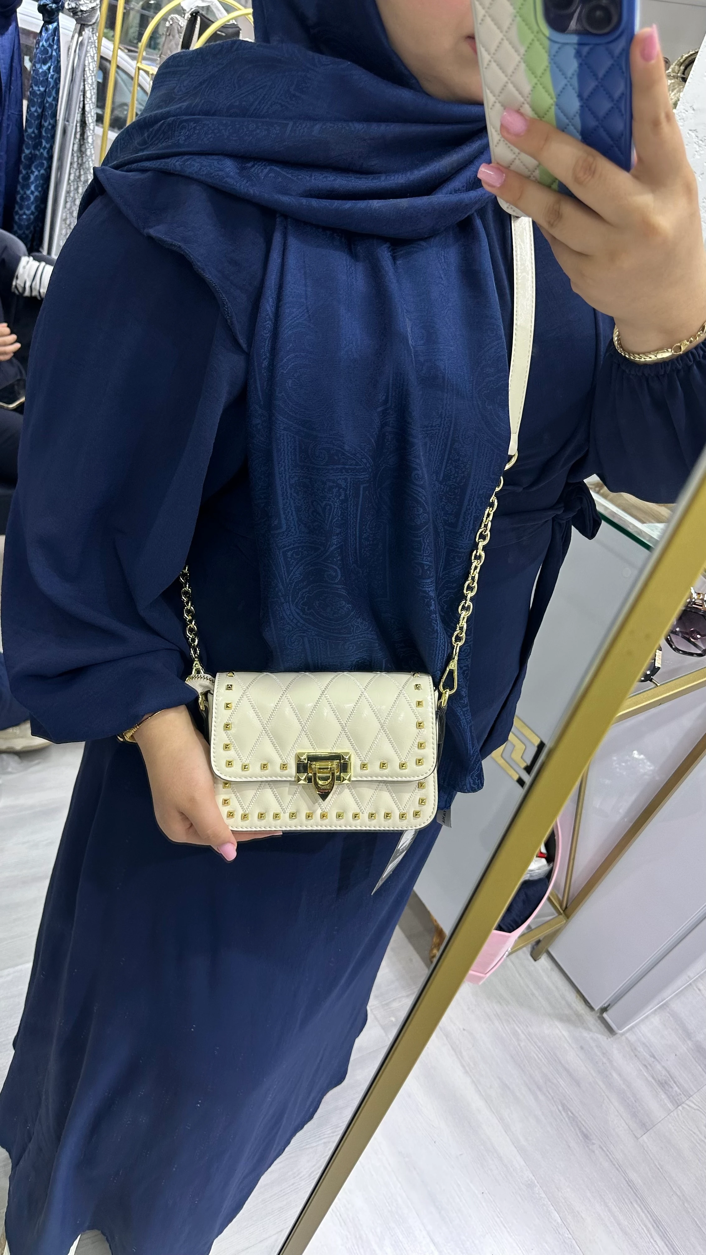 İthal Çift Askılı Zımba Detaylı Çanta Ekru 