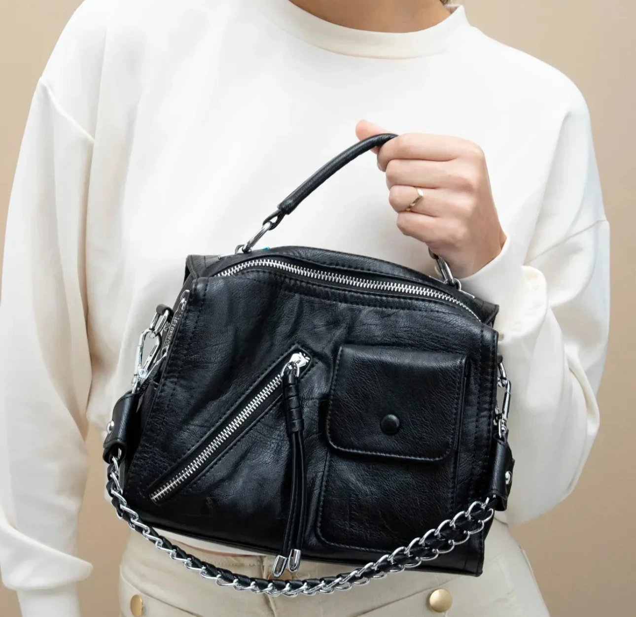 İthal Deri Çapraz ve Omuz Çantası Siyah