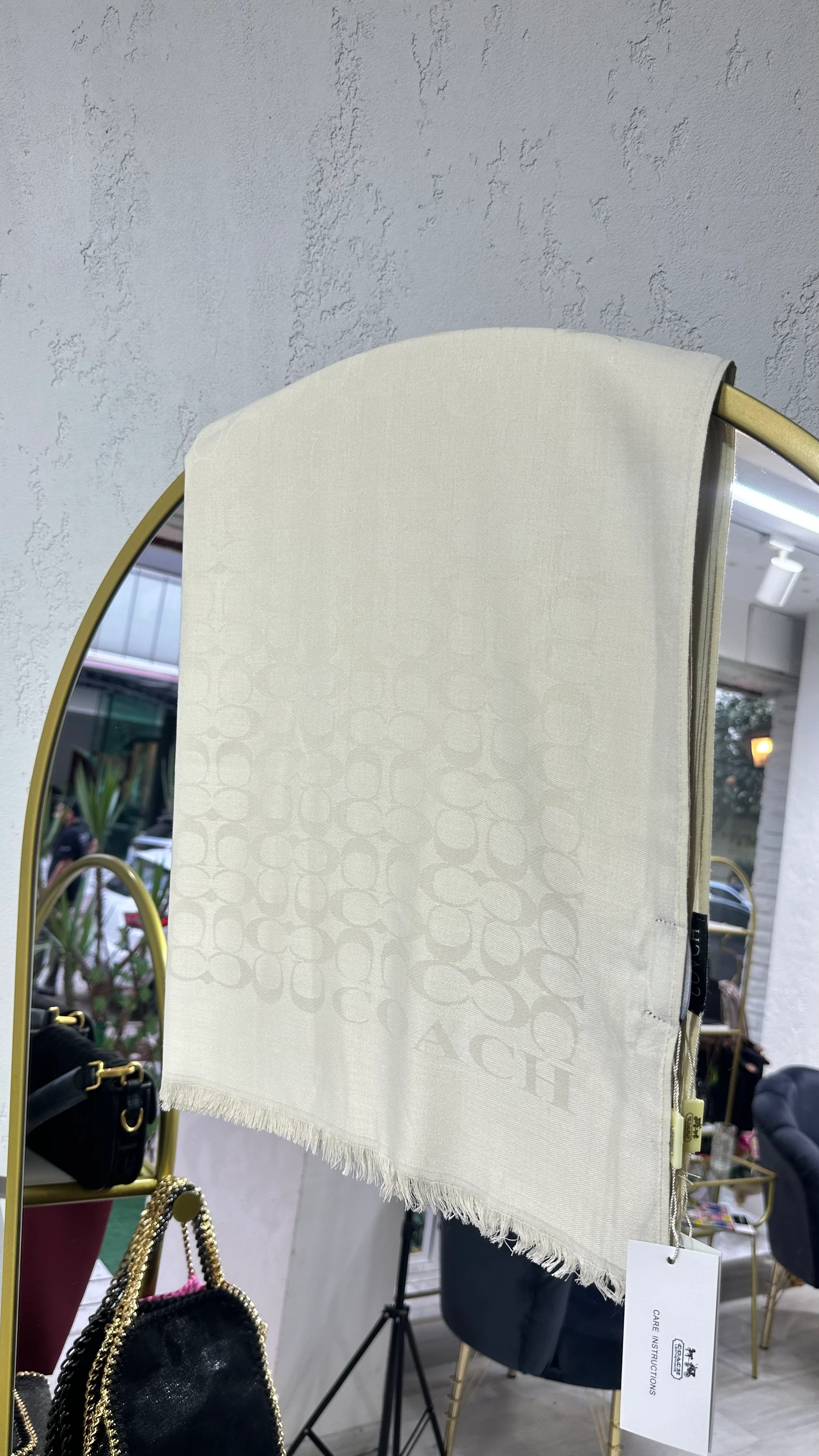 C Desen Yün ipek Şal Krem 