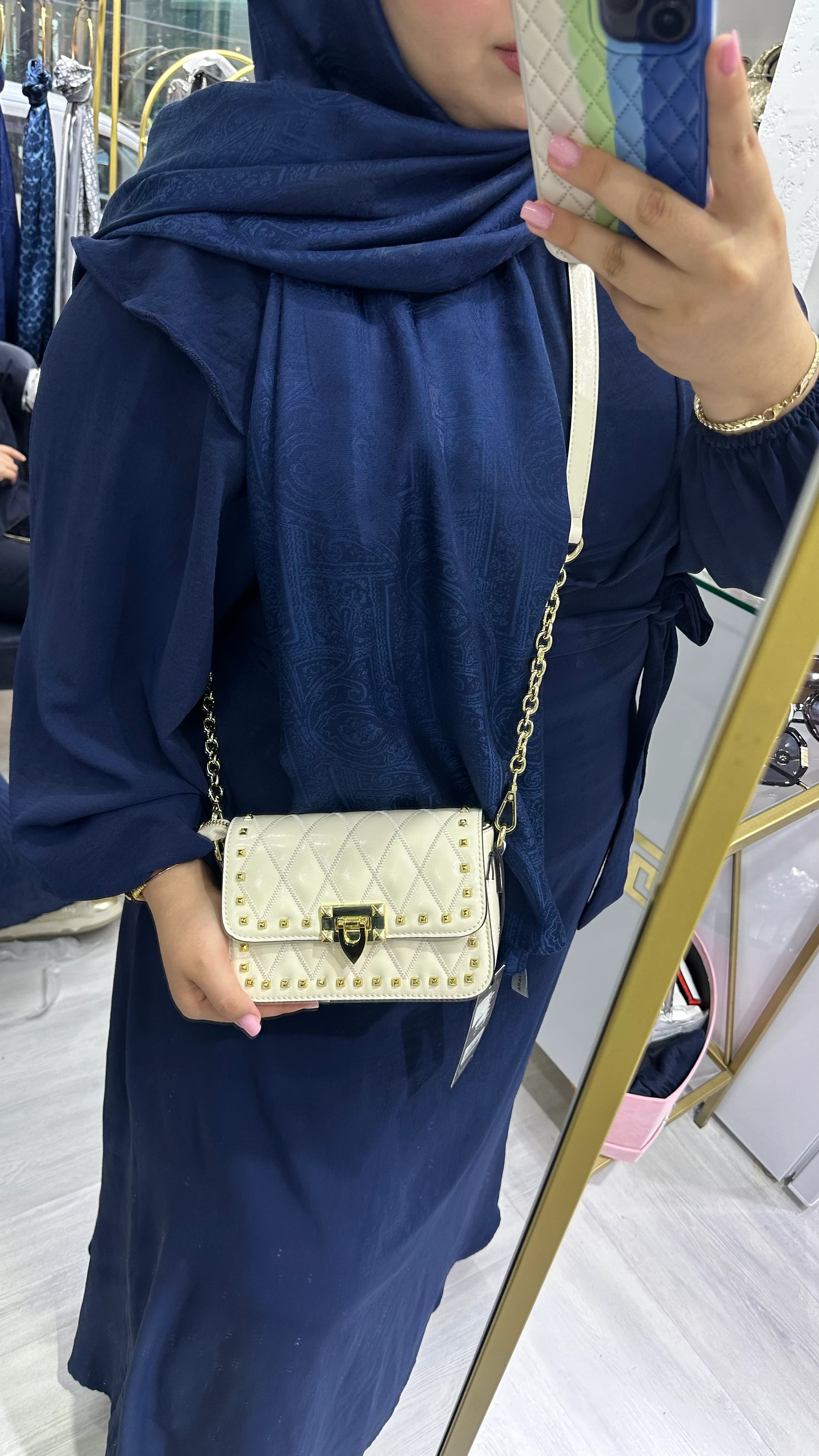 İthal Çift Askılı Zımba Detaylı Çanta Ekru 