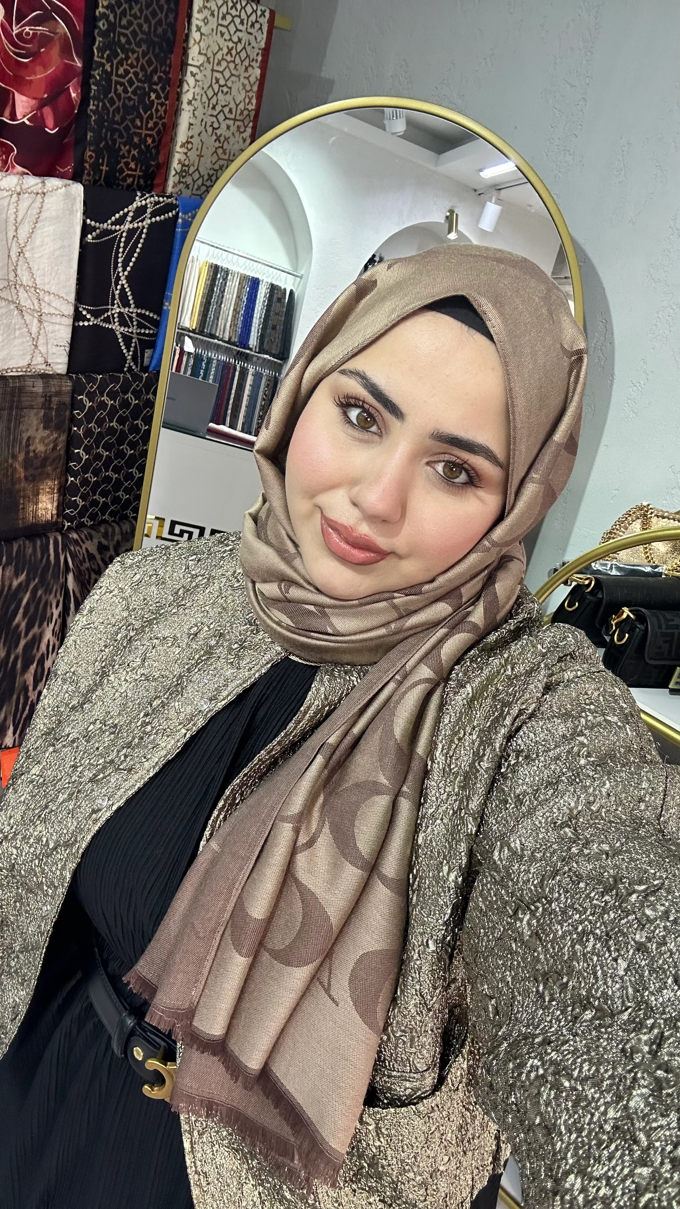 C Desen Yün İpek Şal Kahve 