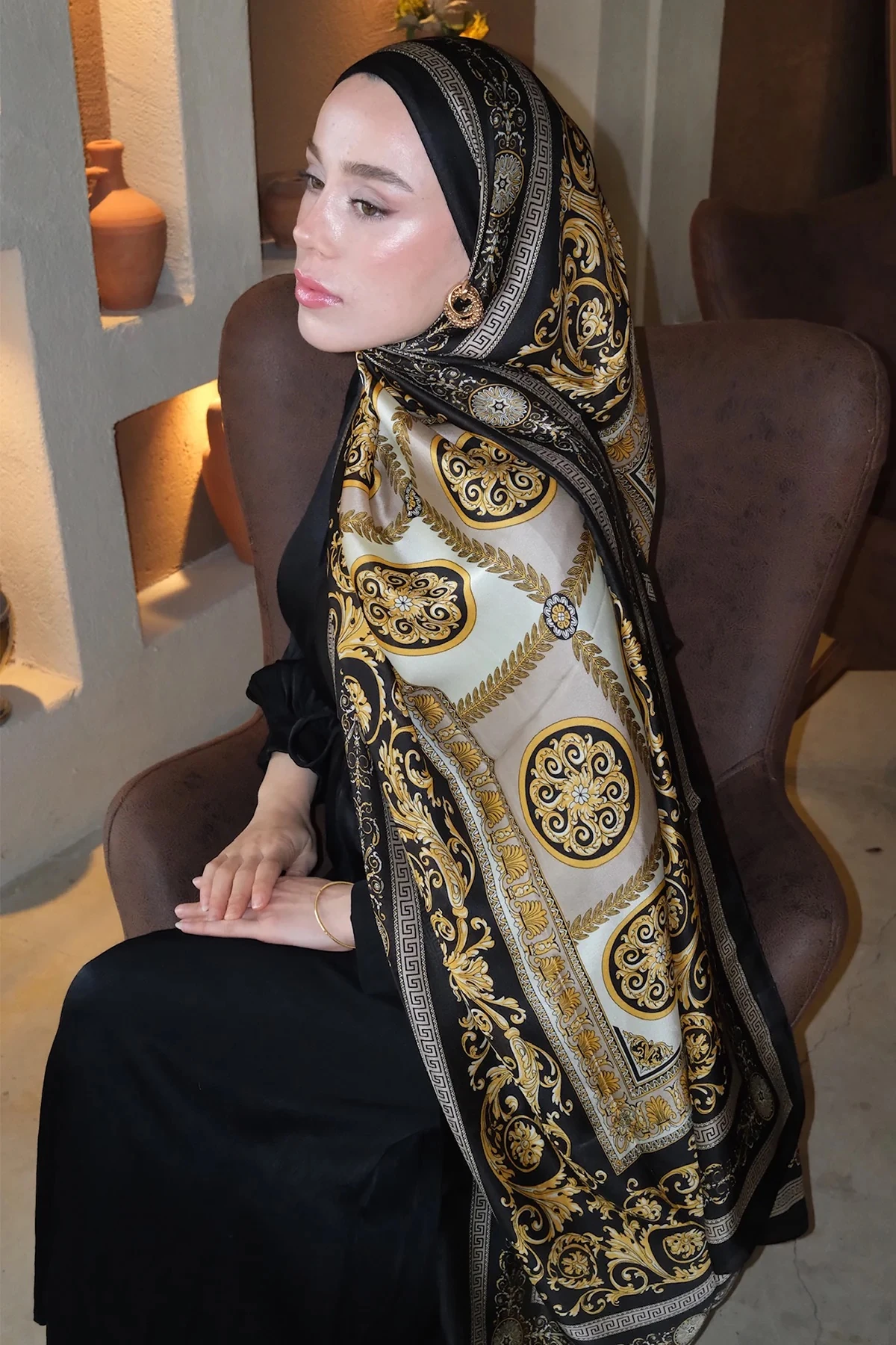 Varok Desen Vual İpek Şal Siyah