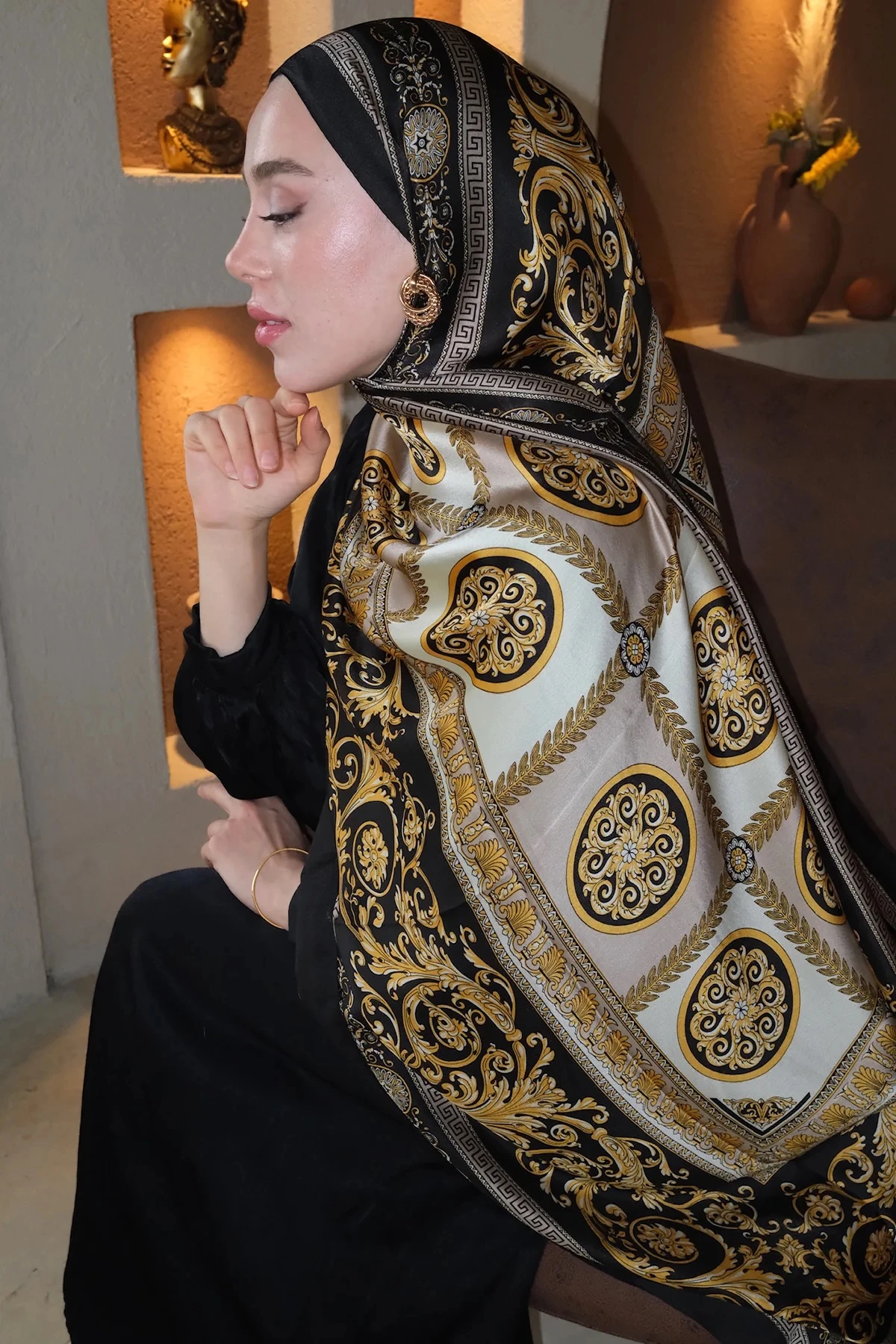 Varok Desen Vual İpek Şal Siyah