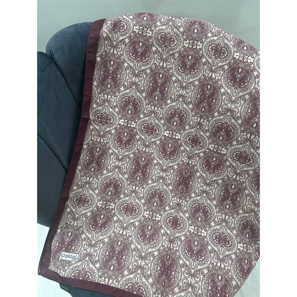 İpekseli etnik desen şal bordo/krem