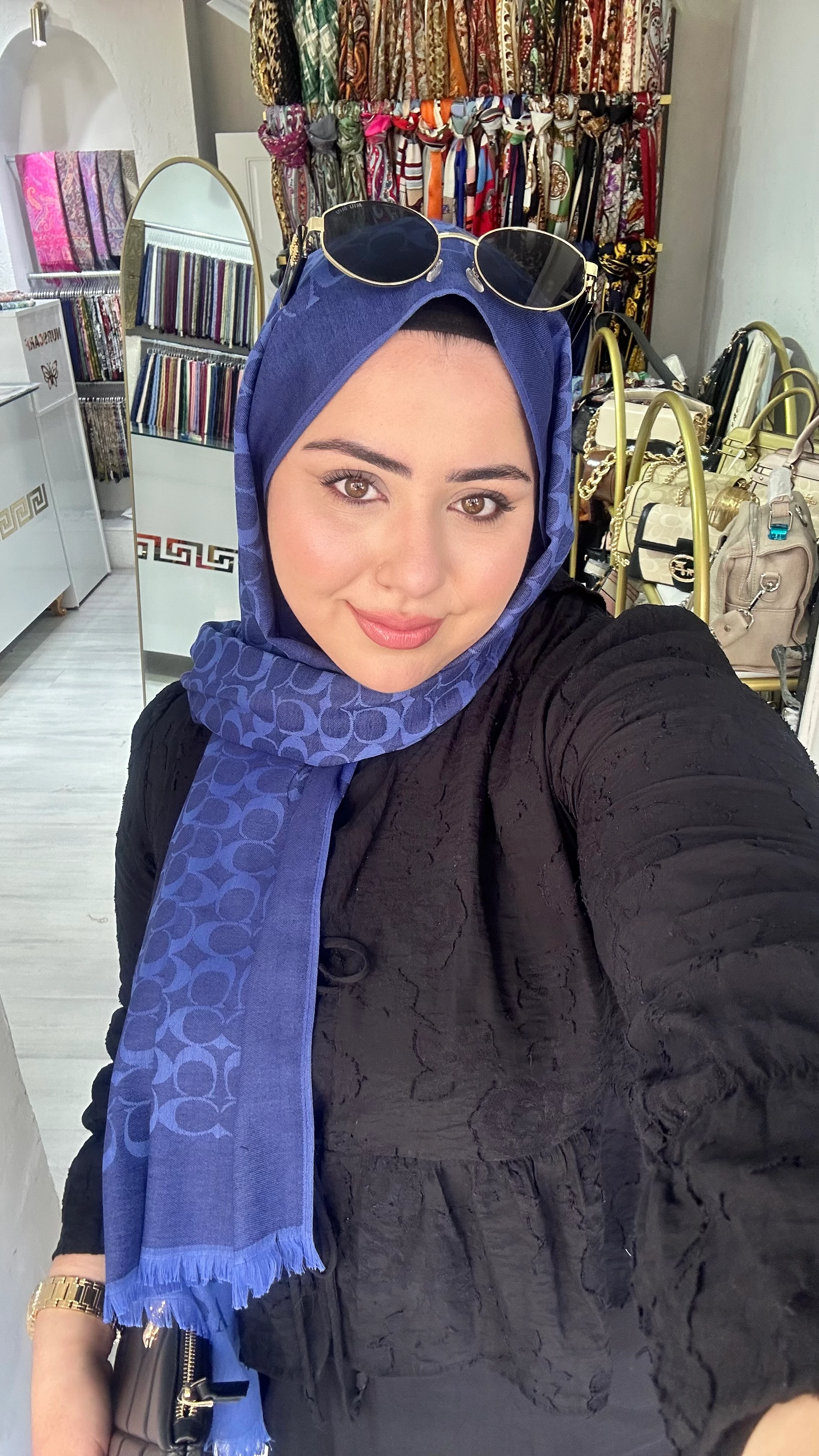 C Desen Yün İpek şal Saks Mavisi 