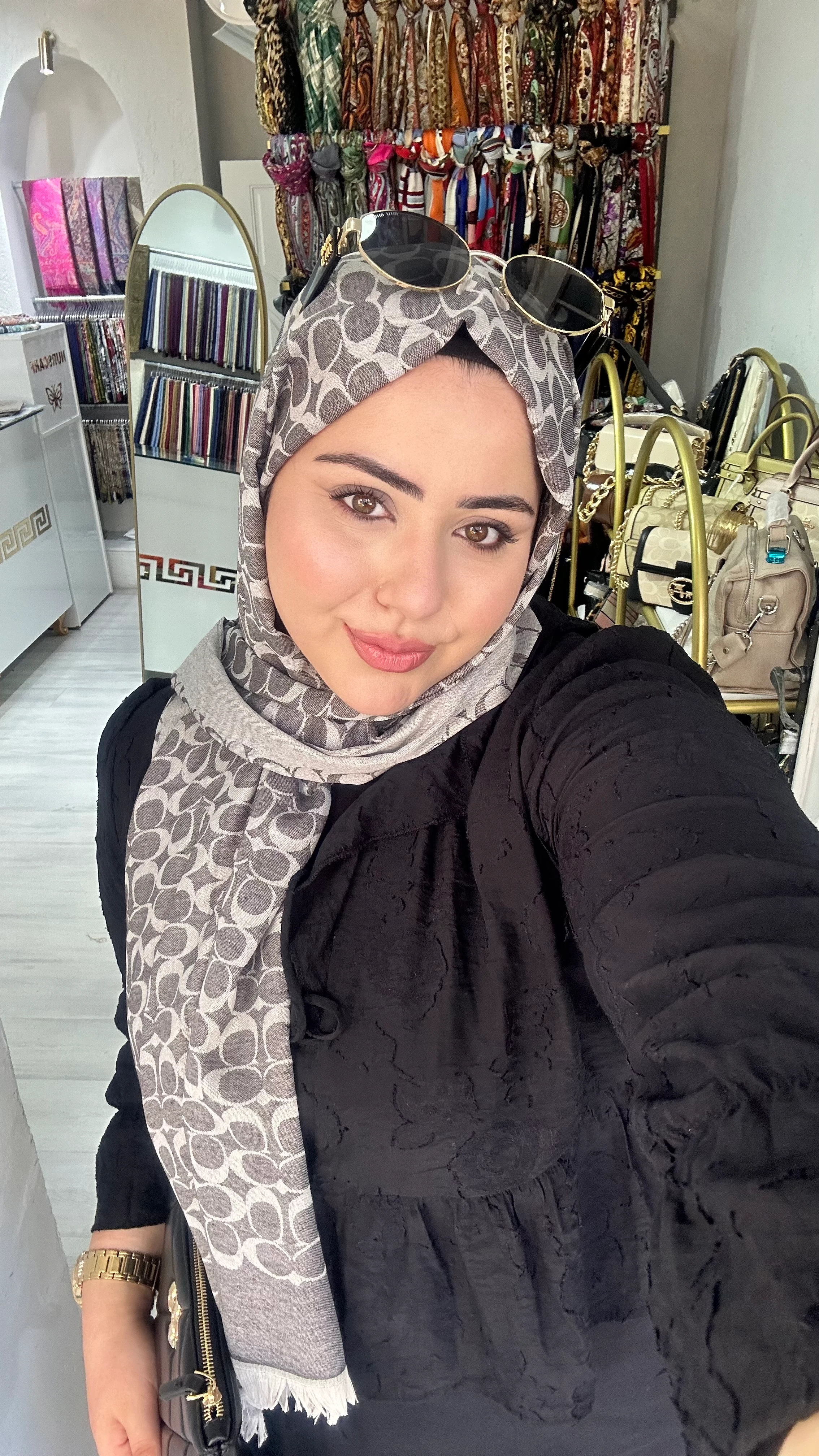 C Desen Yün İpek Şal Koyu Gri