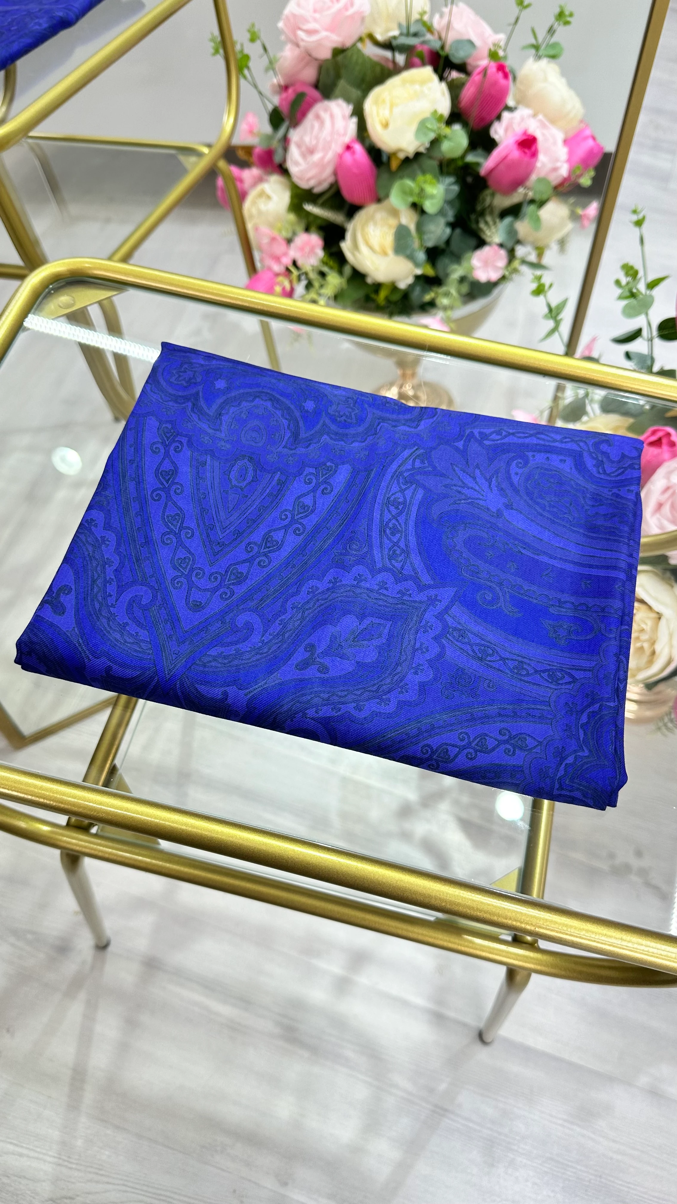 İpekseli Etnik Desen Soft Şal Saks Mavi