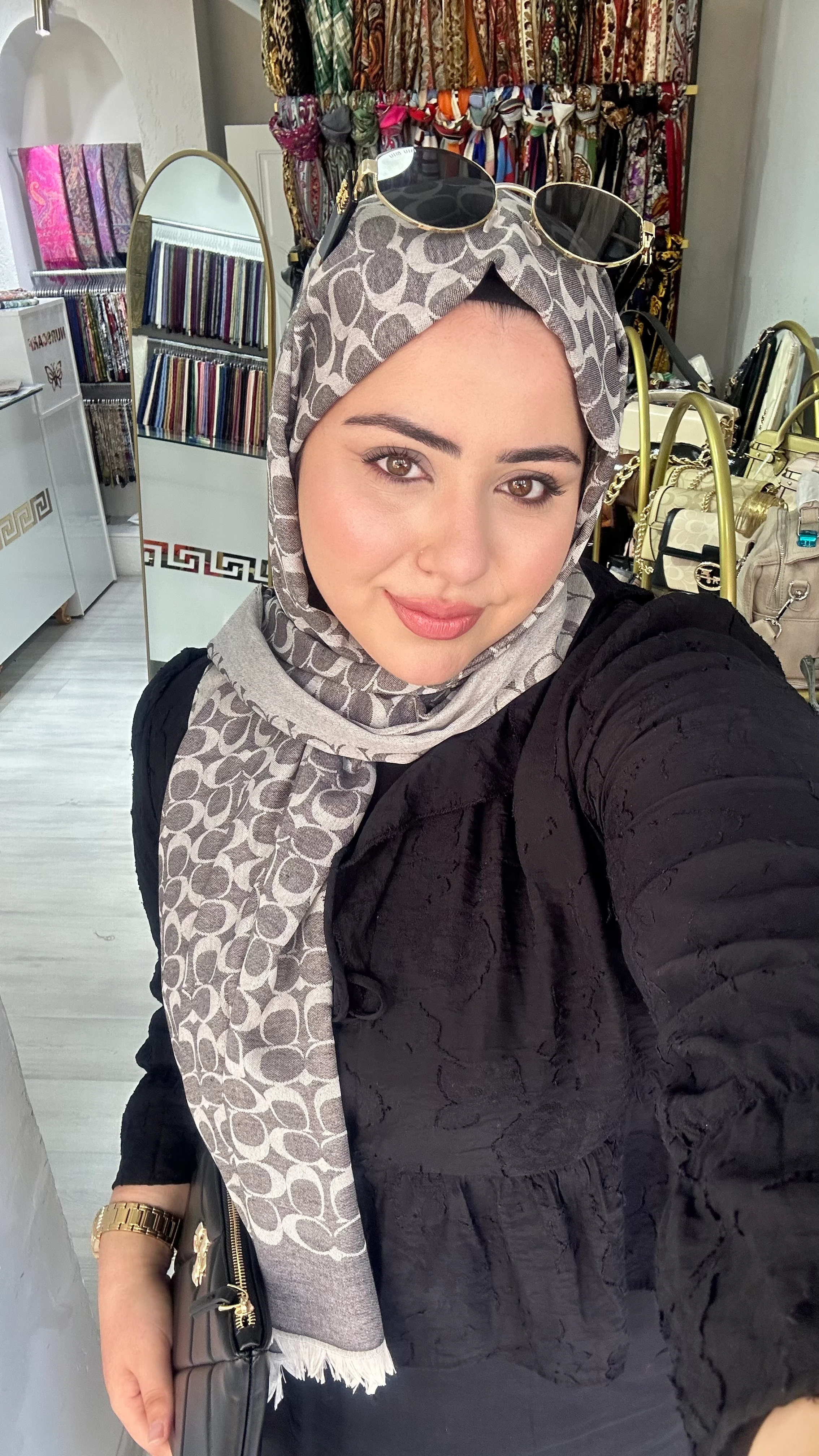 C Desen Yün İpek Şal Koyu Gri