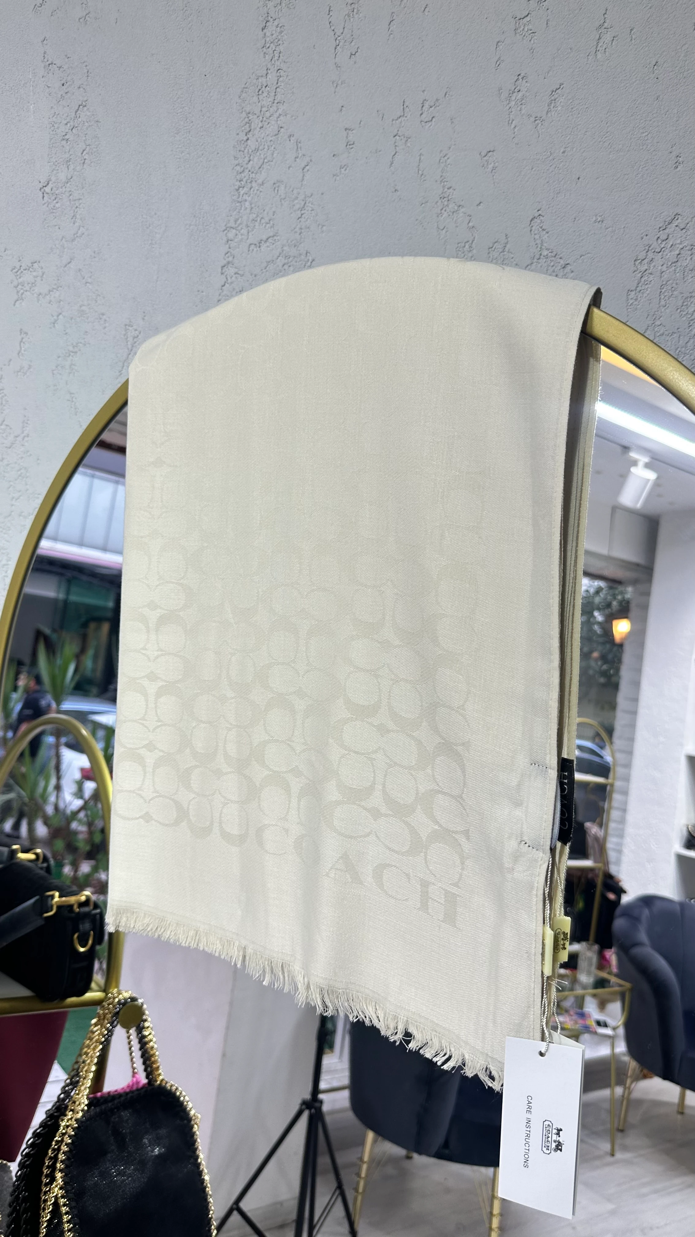 C Desen Yün ipek Şal Krem 