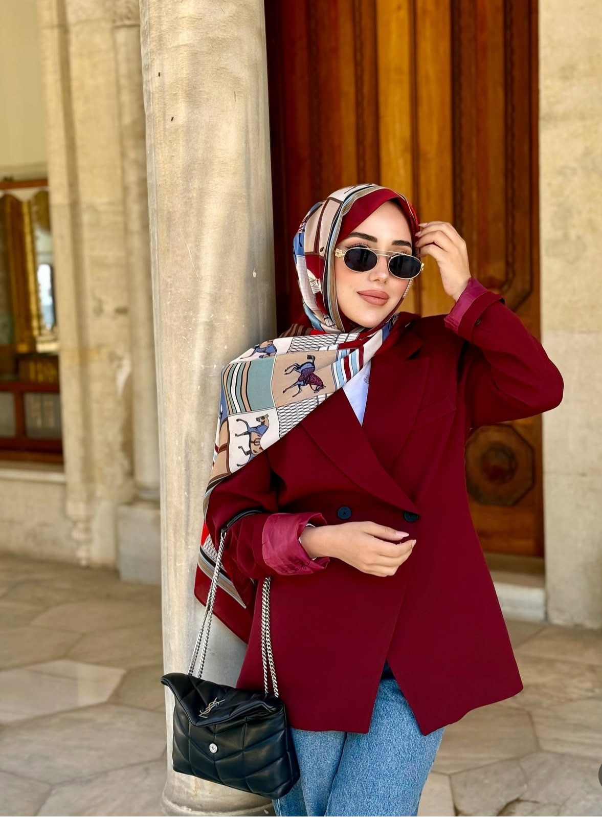 Figürlü Vual İpek Şal Bordo