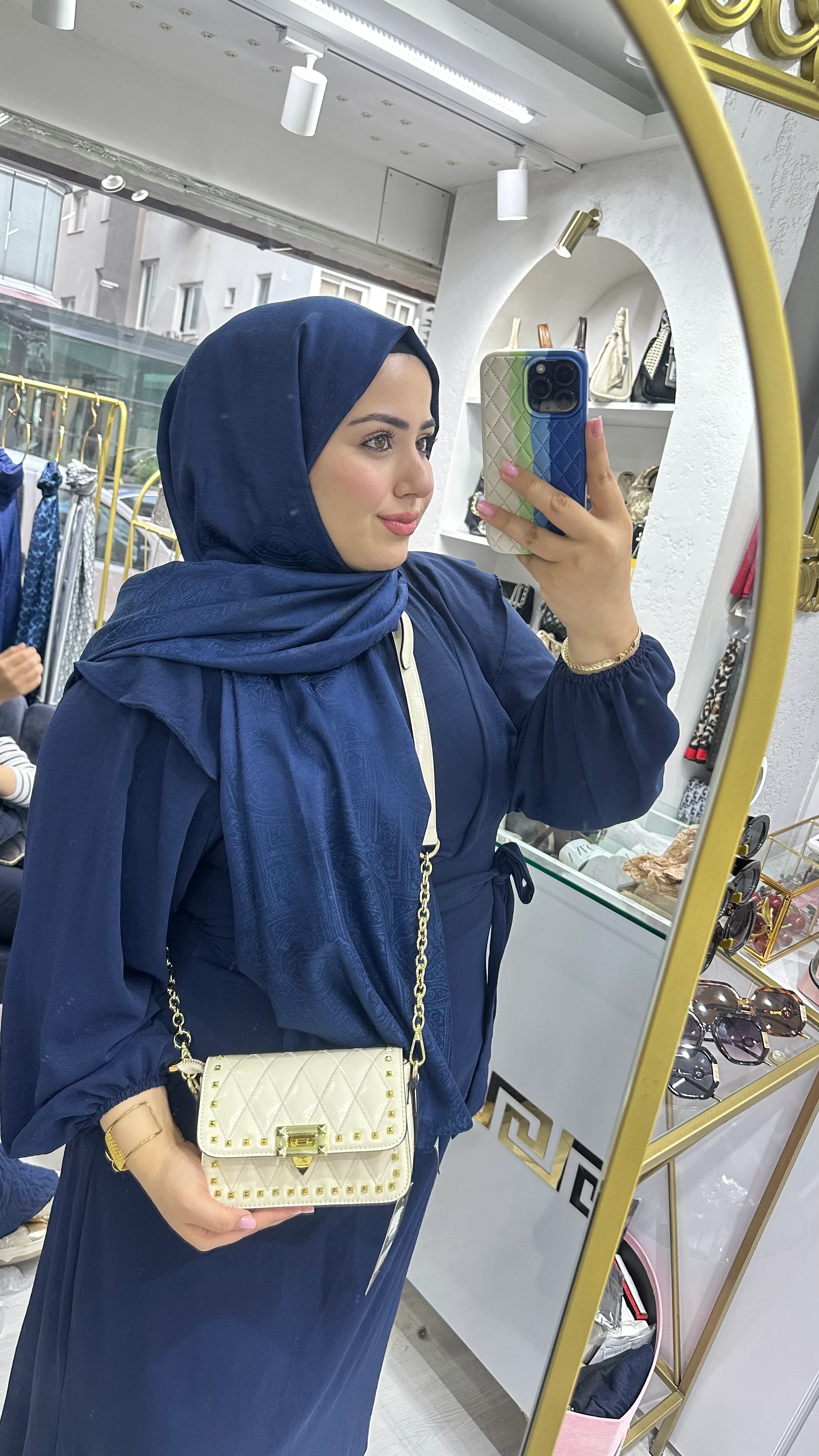 İthal Çift Askılı Zımba Detaylı Çanta Ekru 