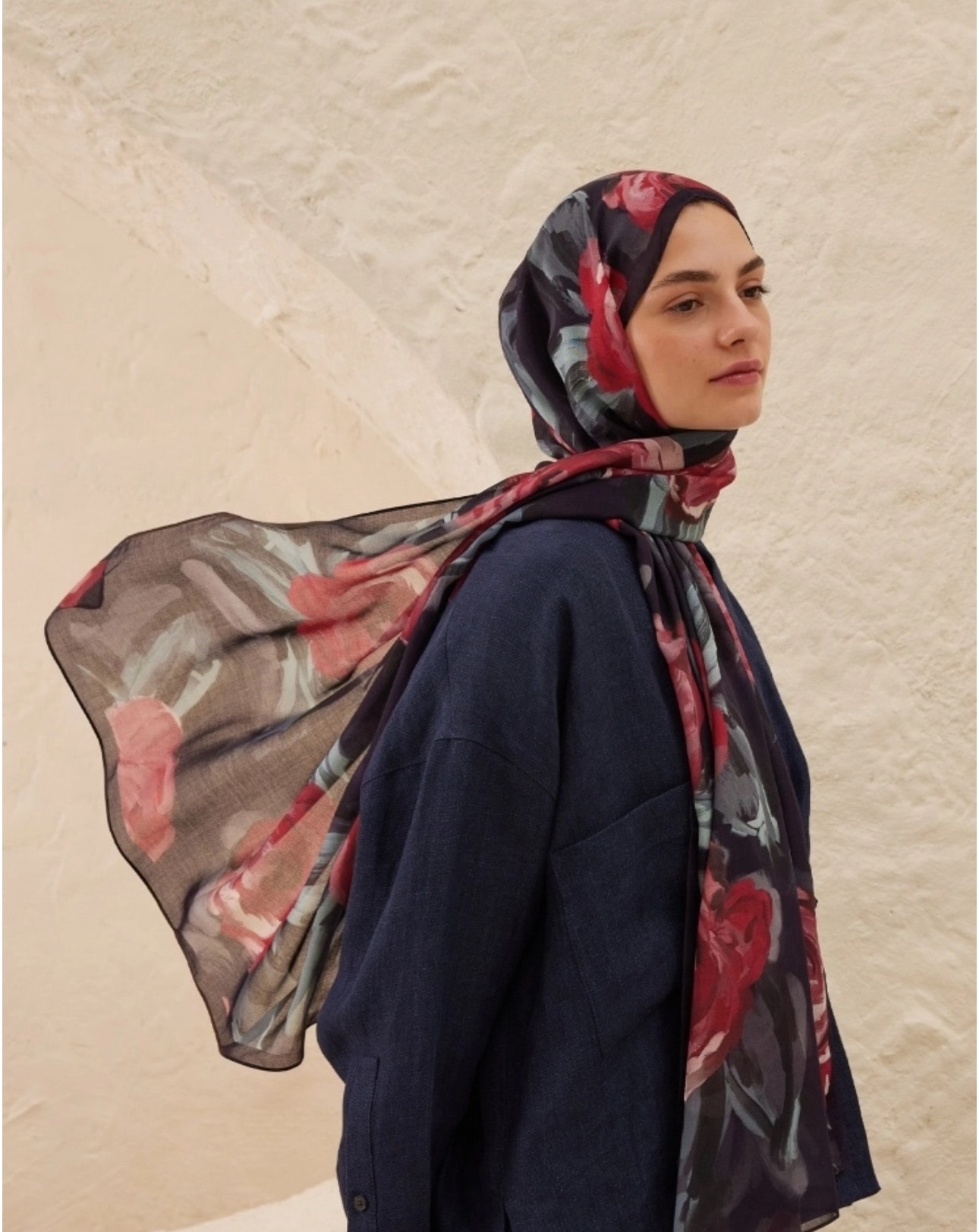 Rose Desen Rami Şal Lacivert