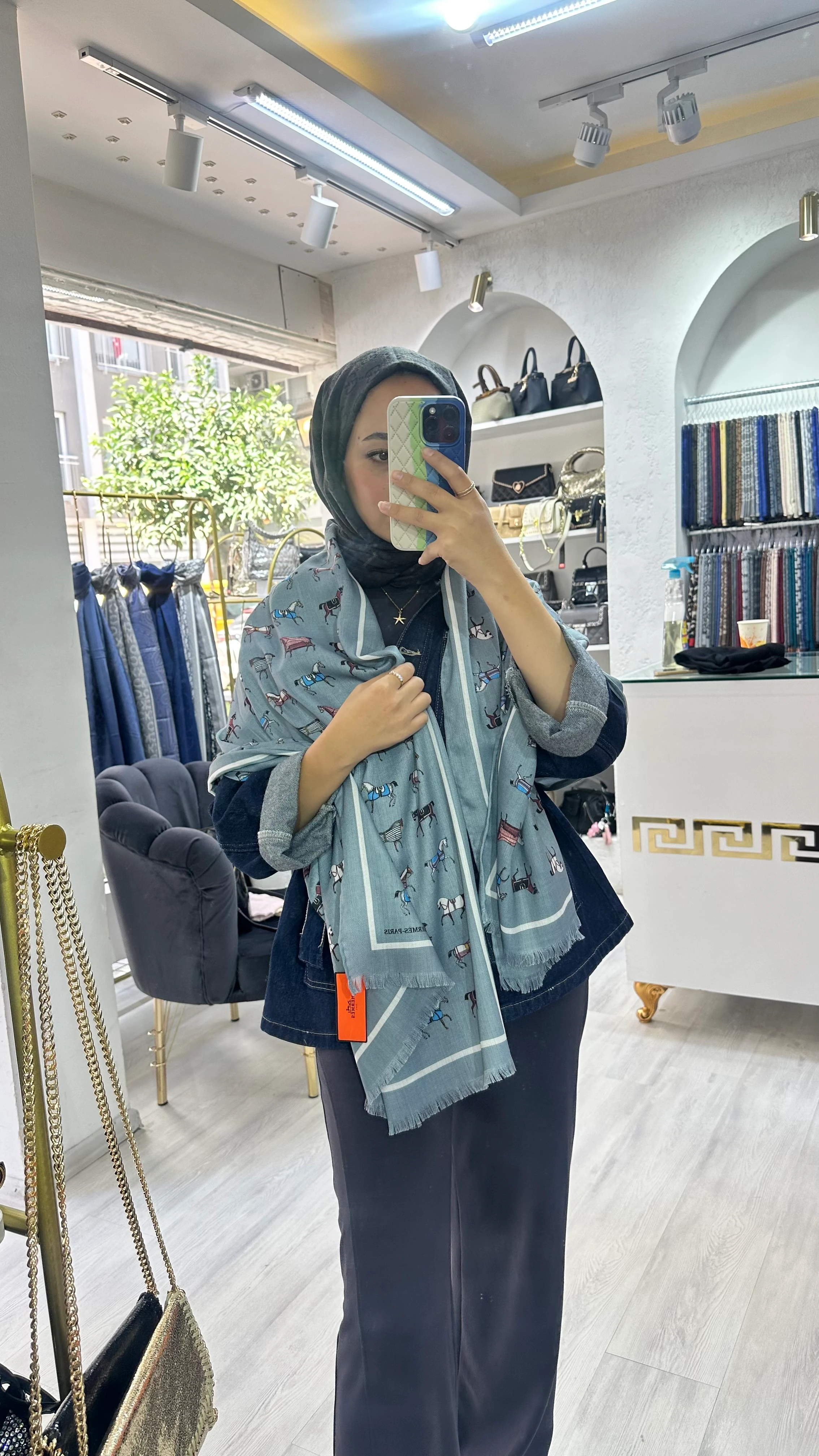 İthal Figürlü Yün Kaşmir Şal Mavi 