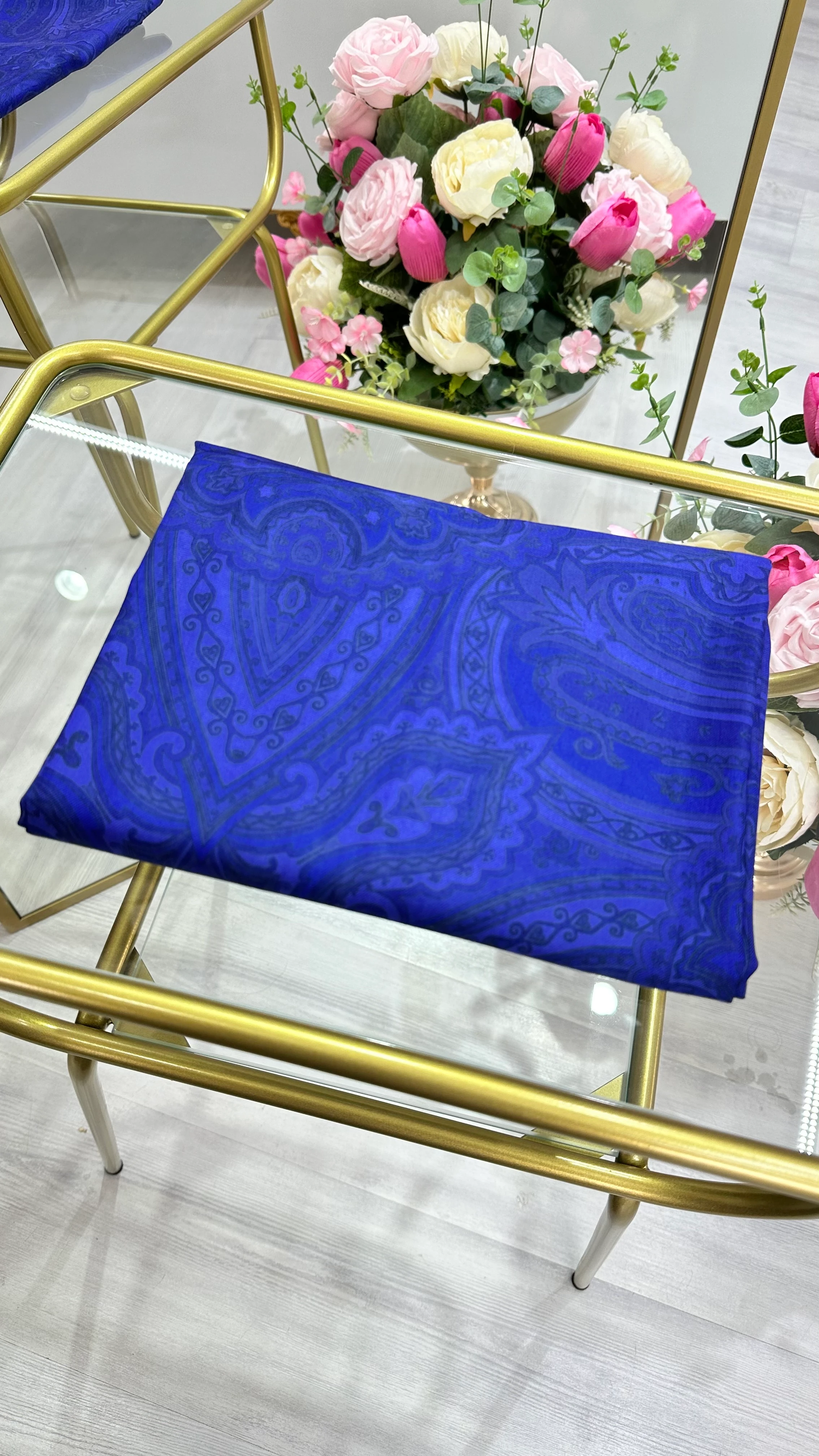 İpekseli Etnik Desen Soft Şal Saks Mavi