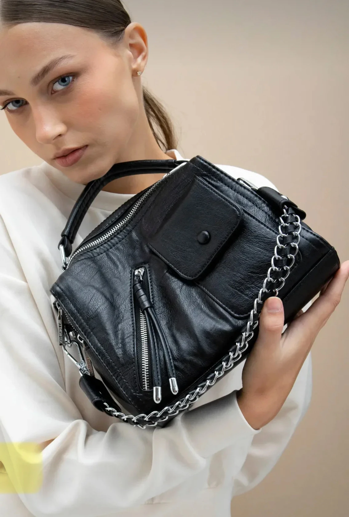 İthal Deri Çapraz ve Omuz Çantası Siyah