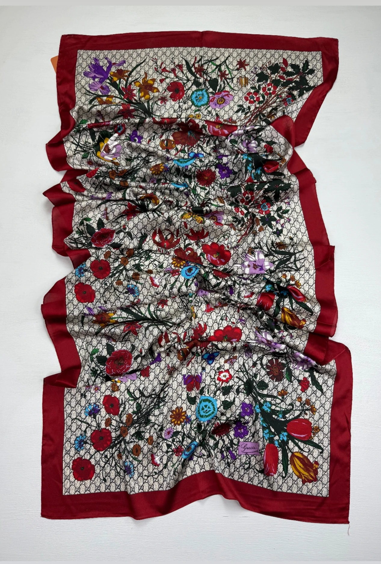 G Monogram Çiçekli Vual İpek Şal Bordo