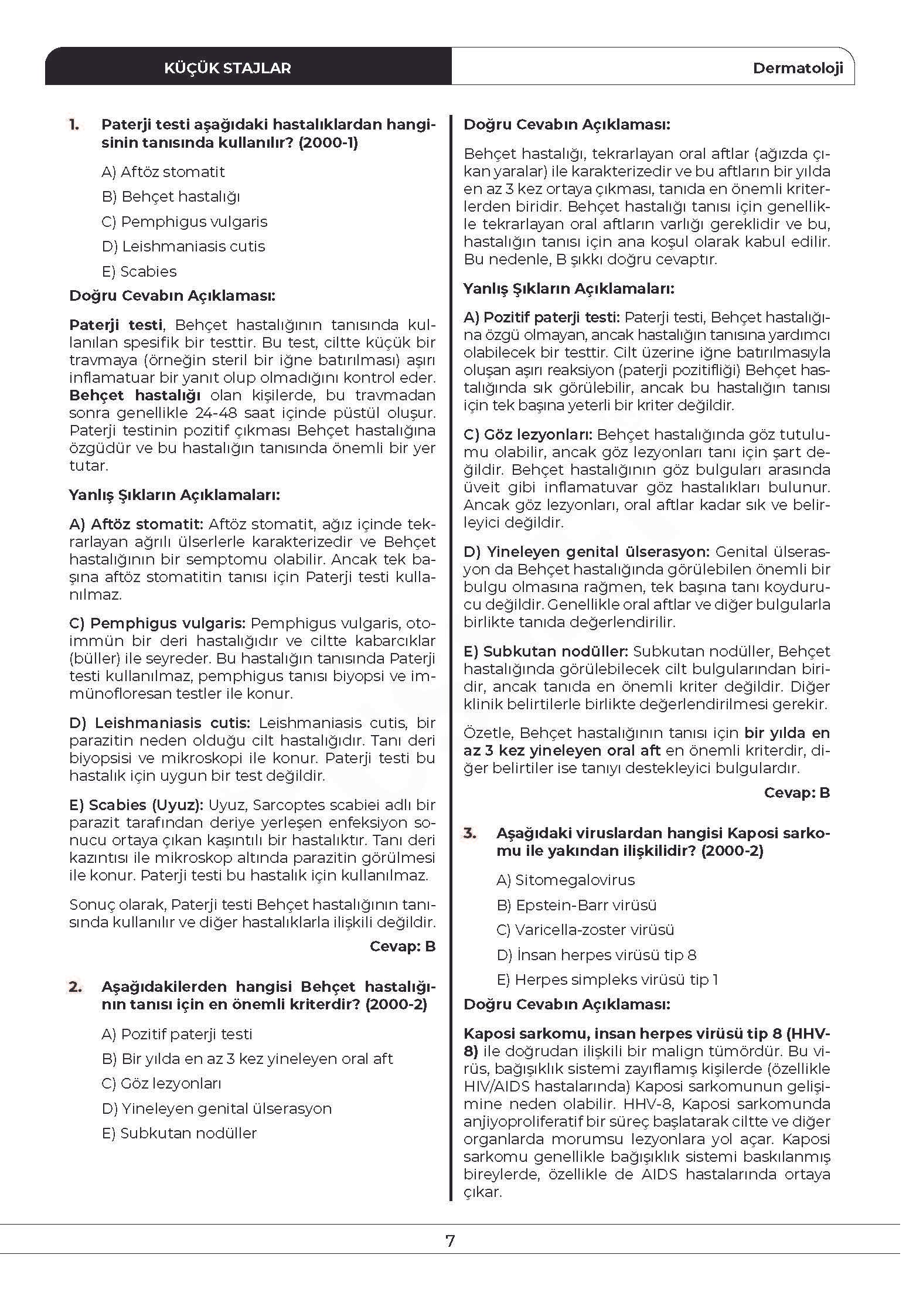TUS Küçük Stajlar Çıkmış Sorular