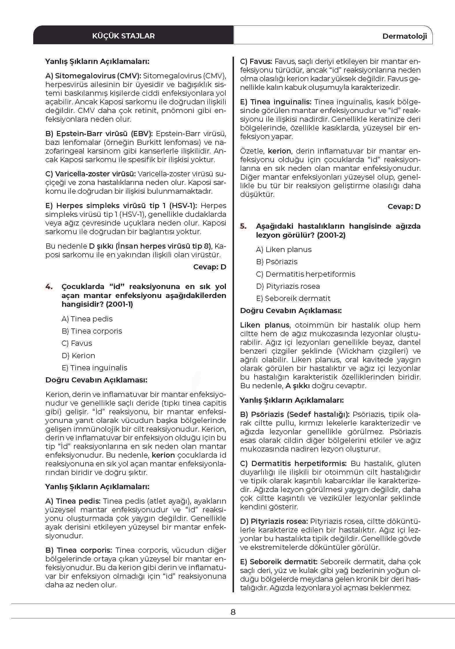 TUS Küçük Stajlar Çıkmış Sorular