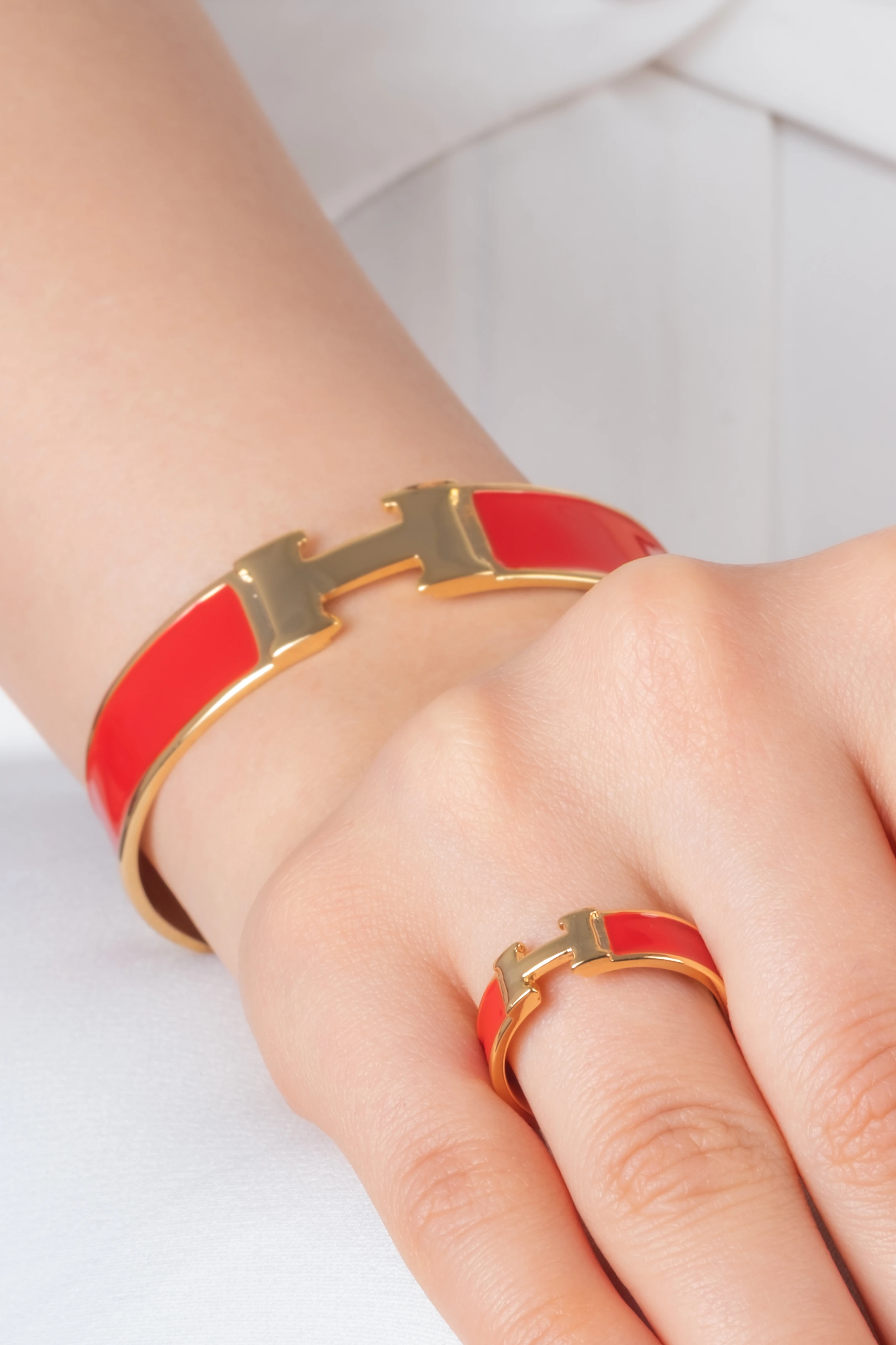 Kırmızı Hermes Kelepçe Yüzük Set