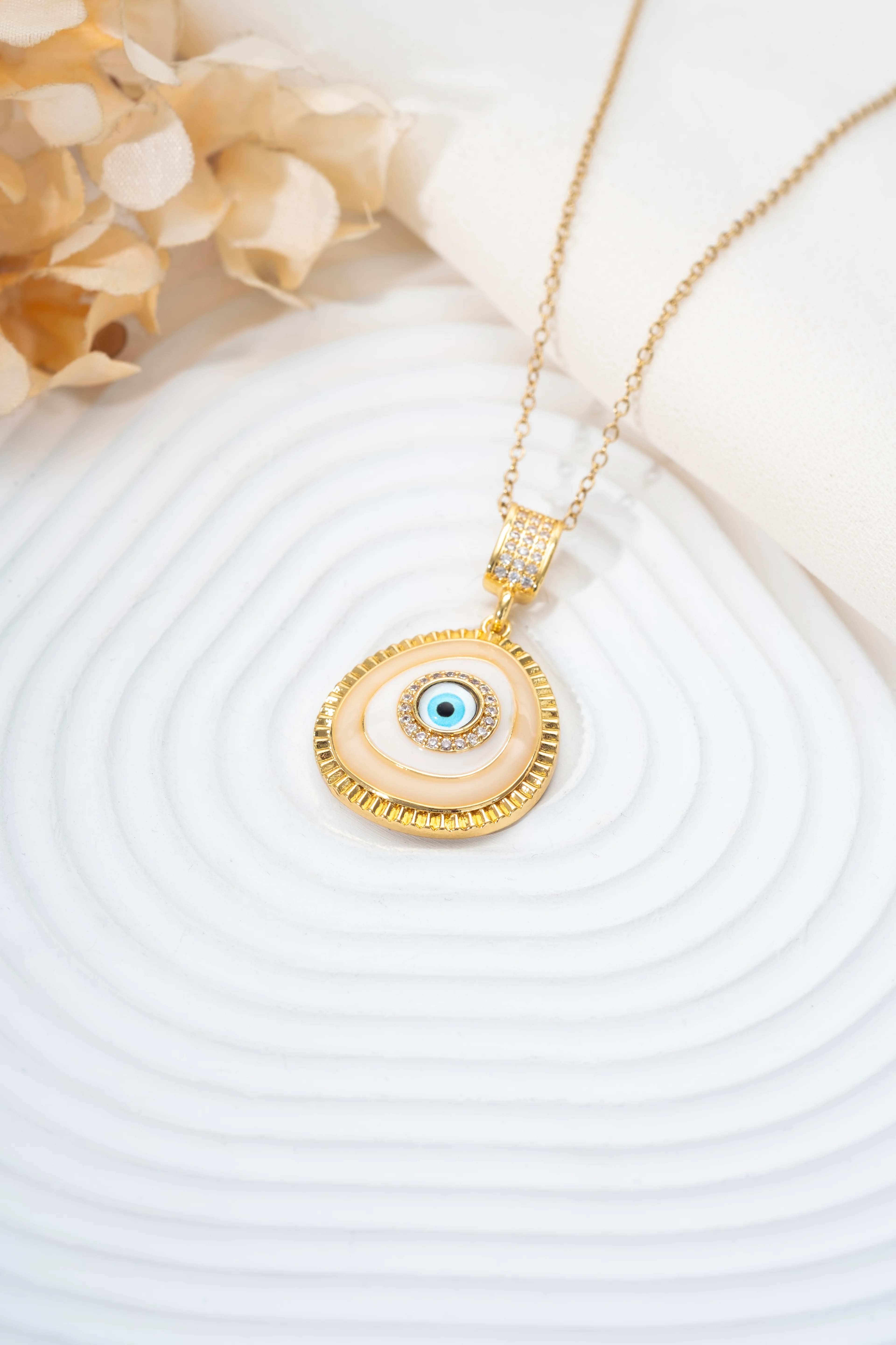 Gold Krem Damla Nazar Kolye