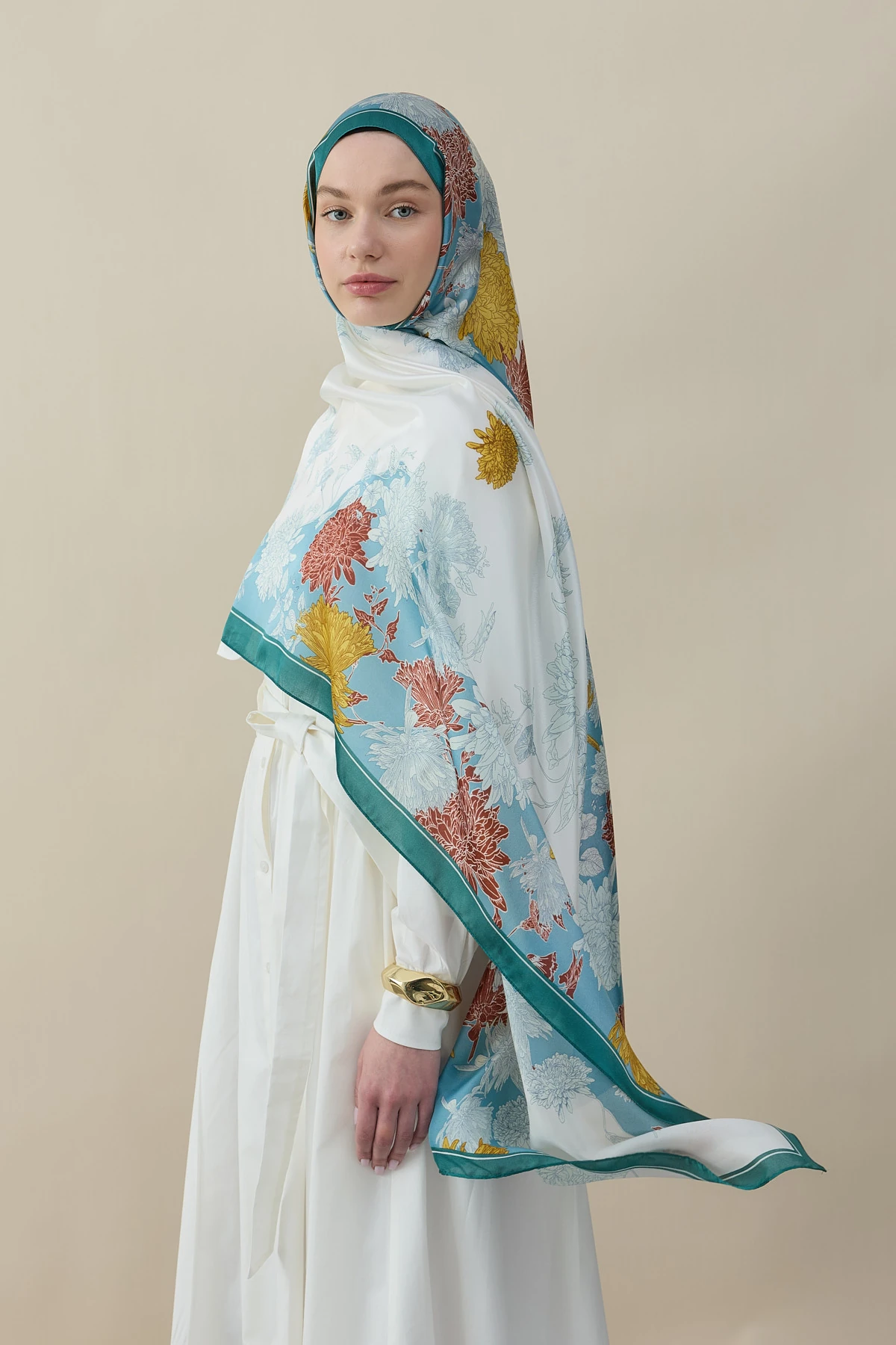 Sakura Çiçek İpek Vual Şal - Mint