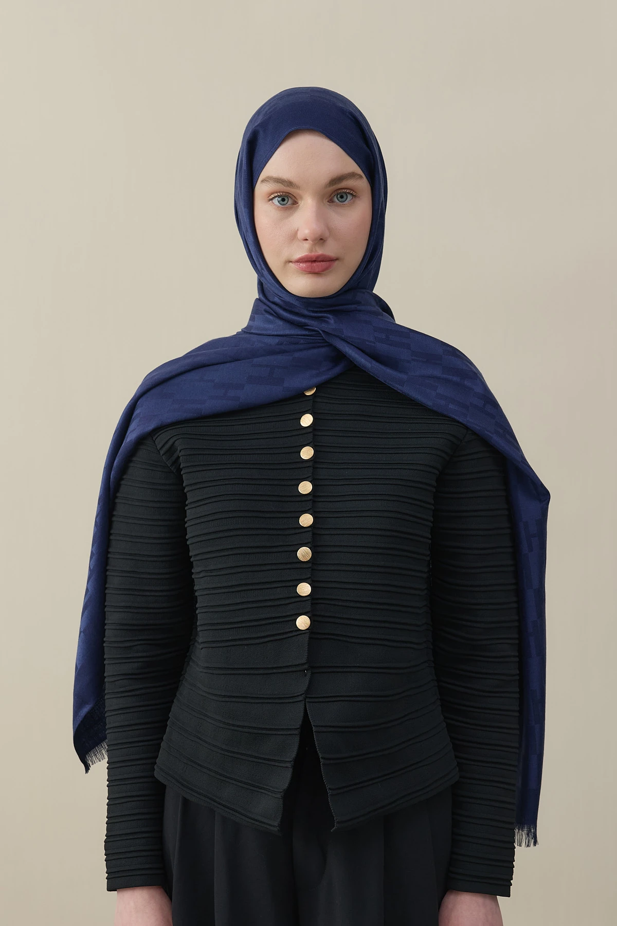 H Desen Kaşmir İpek Şal - Lacivert