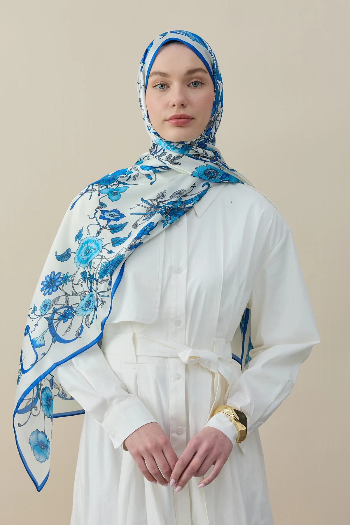 Flora Luxe Vual İpek Şal - Mavi