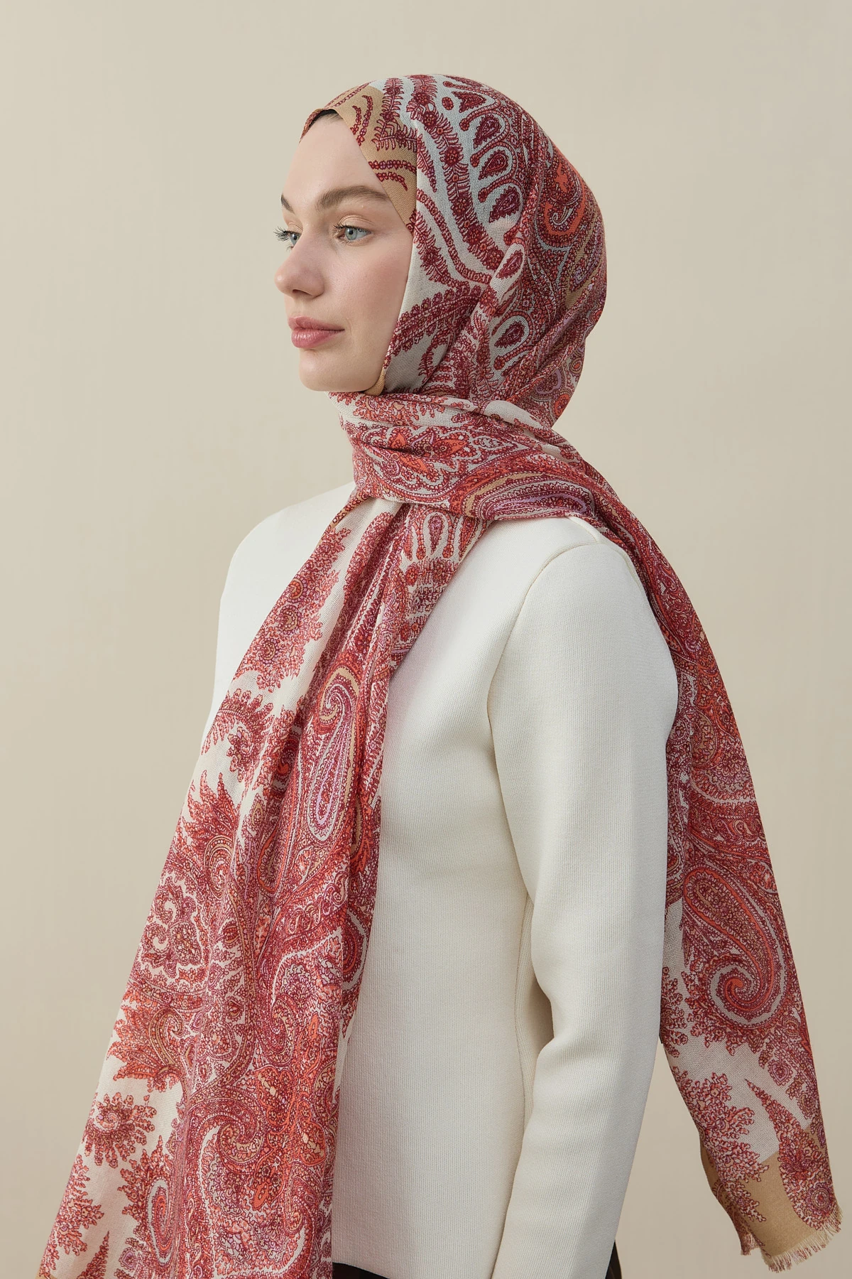 Tropikal Badem Desen Yün İpek Şal