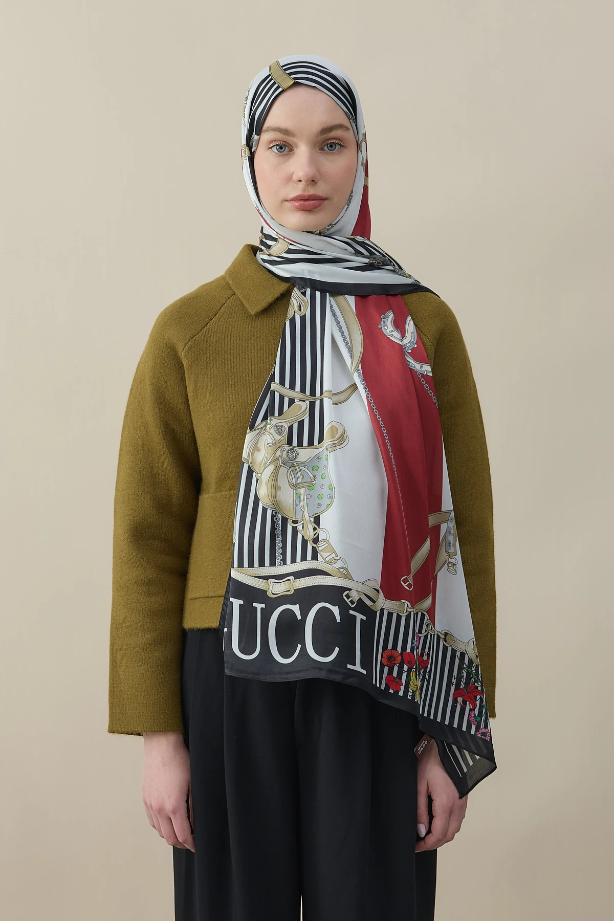 Chain Garden Vual İpek Şal - Siyah-Kırmızı