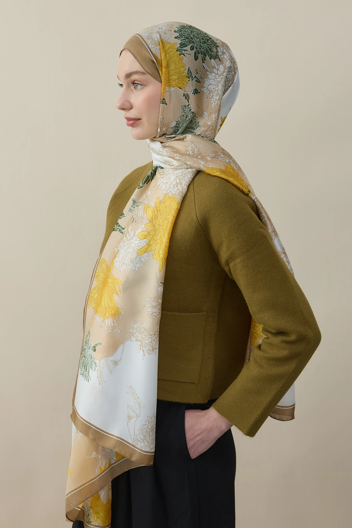 Sakura Çiçek İpek Vual Şal - Kahve