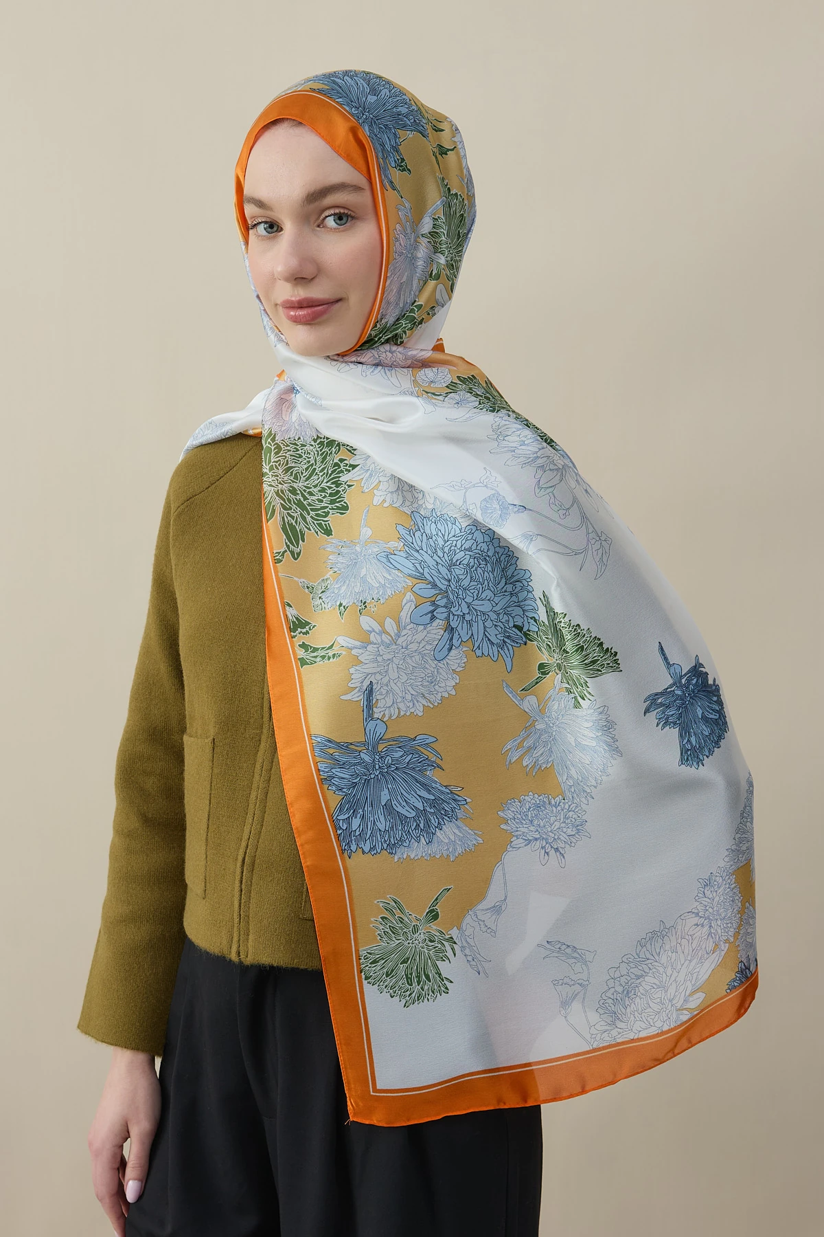 Sakura Çiçek İpek Vual Şal - Oranj