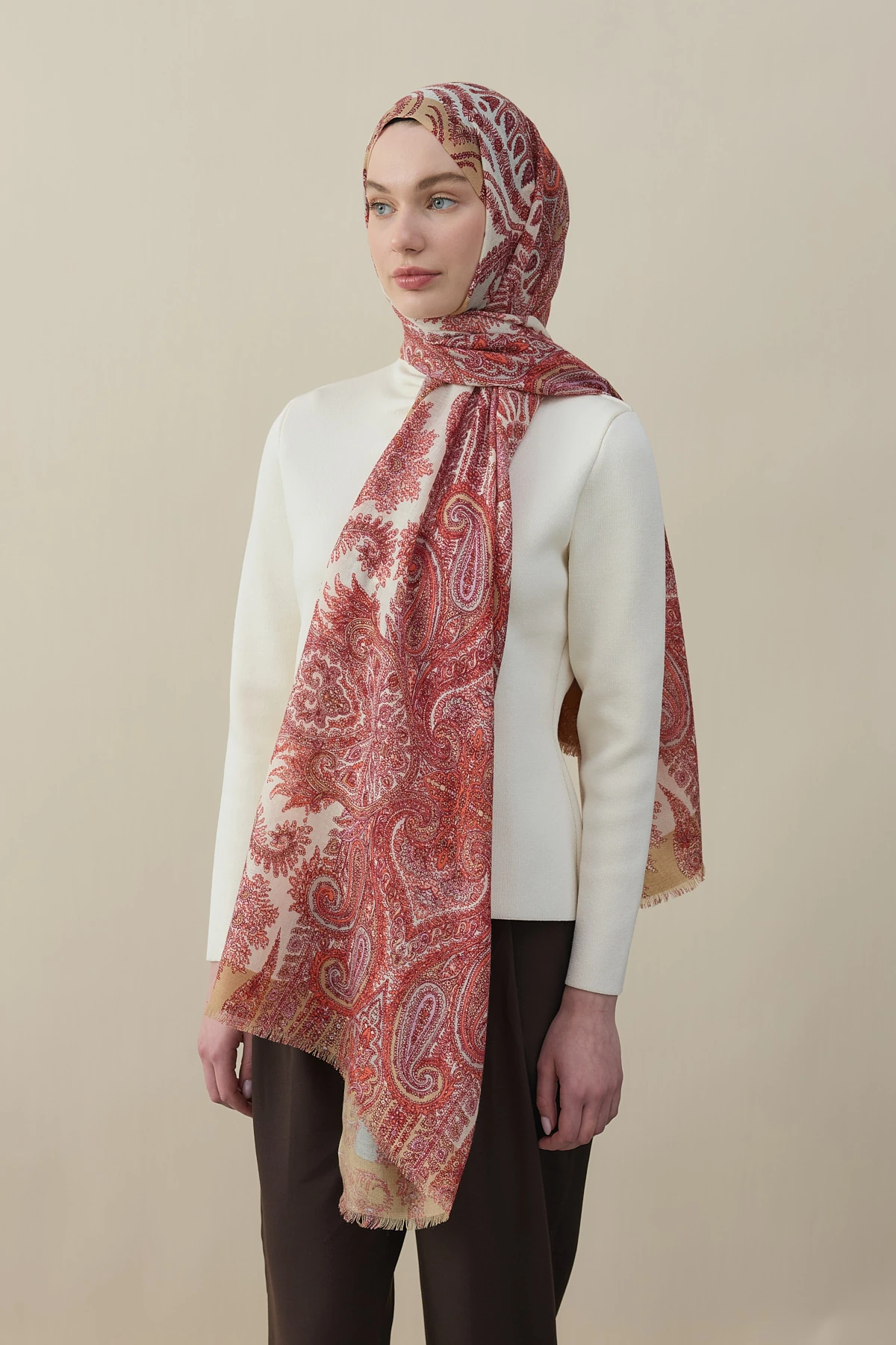 Tropikal Badem Desen Yün İpek Şal