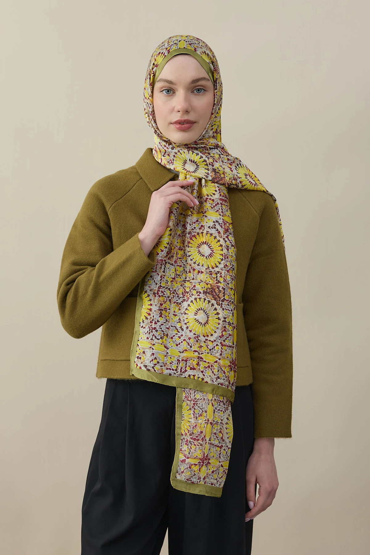 Terra Mosaic Vual İpek Şal - Sarı-Yeşil