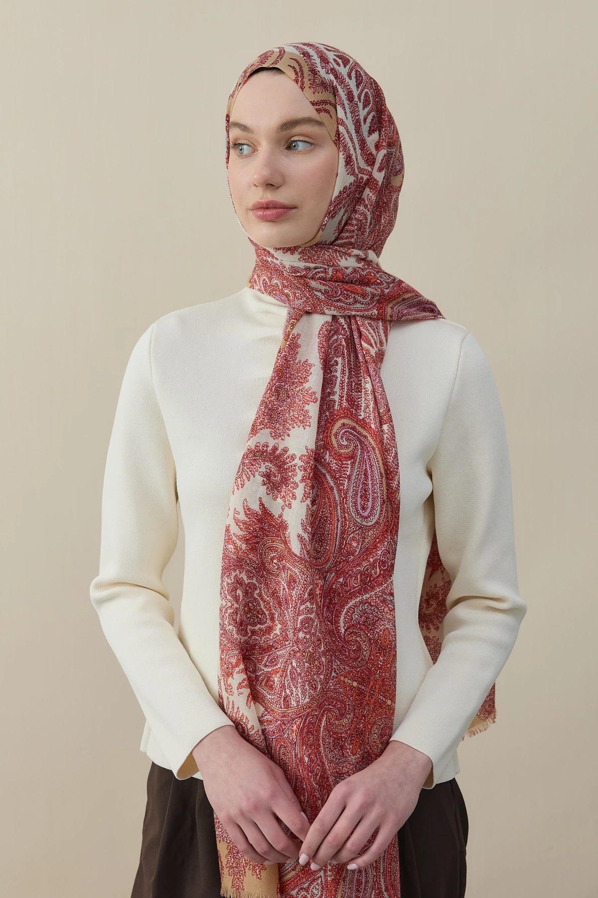 Tropikal Badem Desen Yün İpek Şal