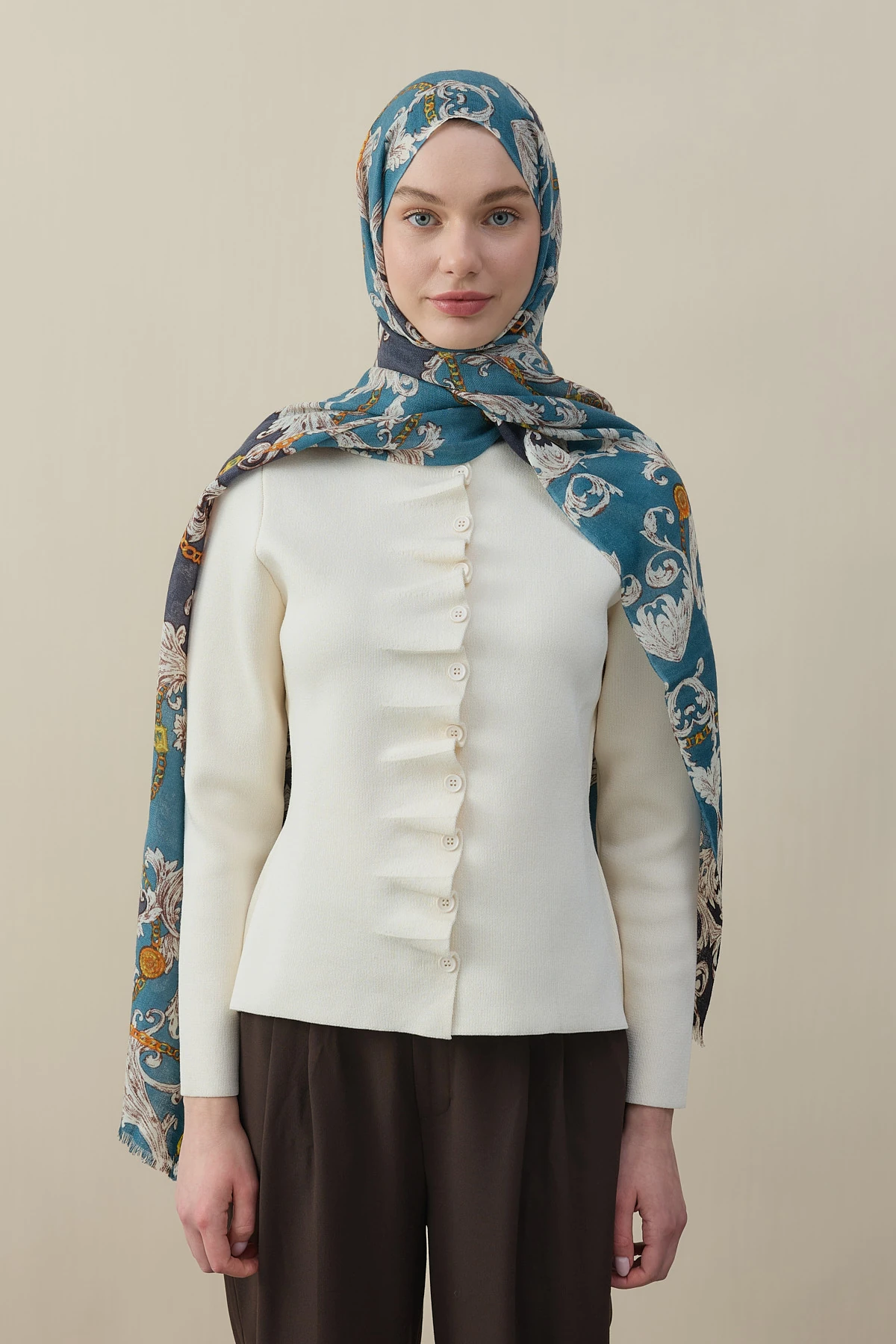 Barok Desen Yün İpek Şal - Turkuaz-Antrasit