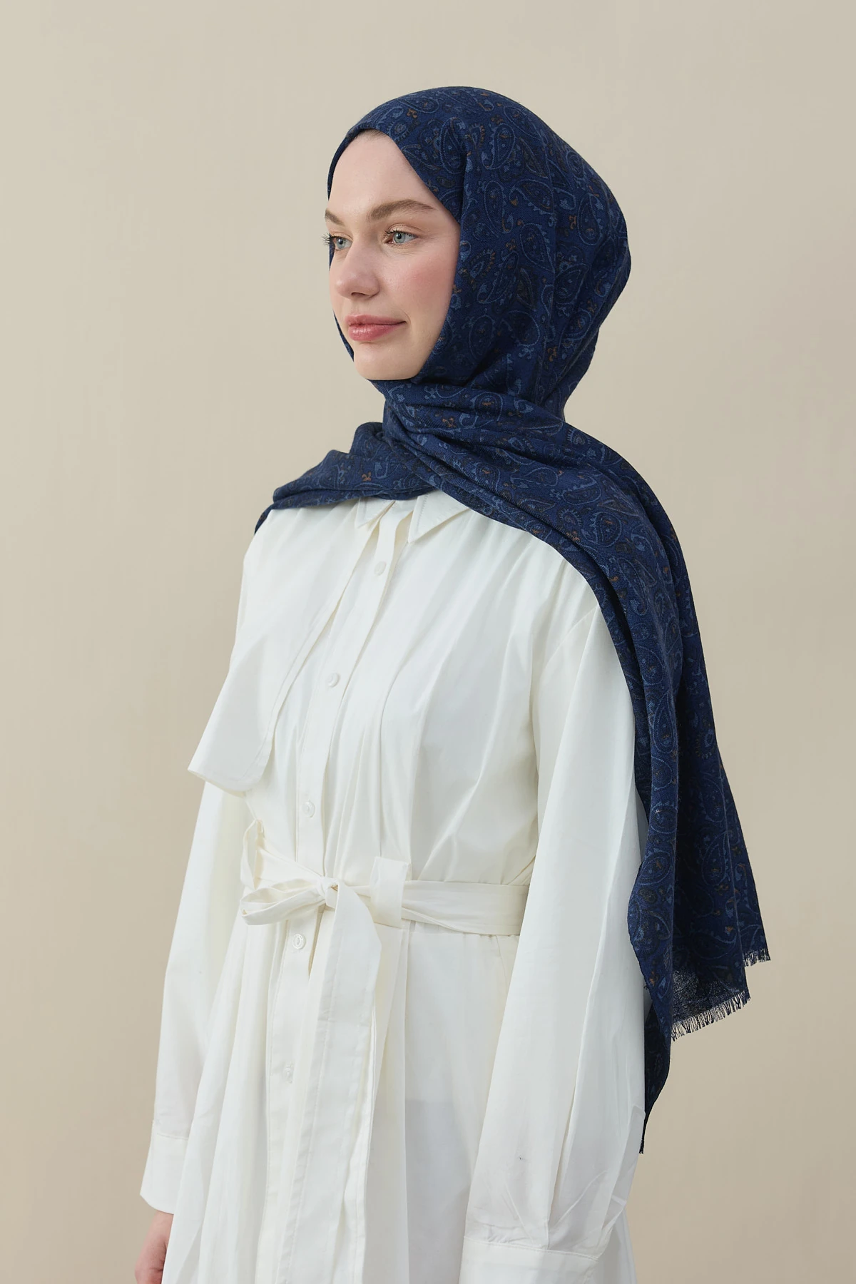 Badem Desen Yün İpek Şal - Lacivert