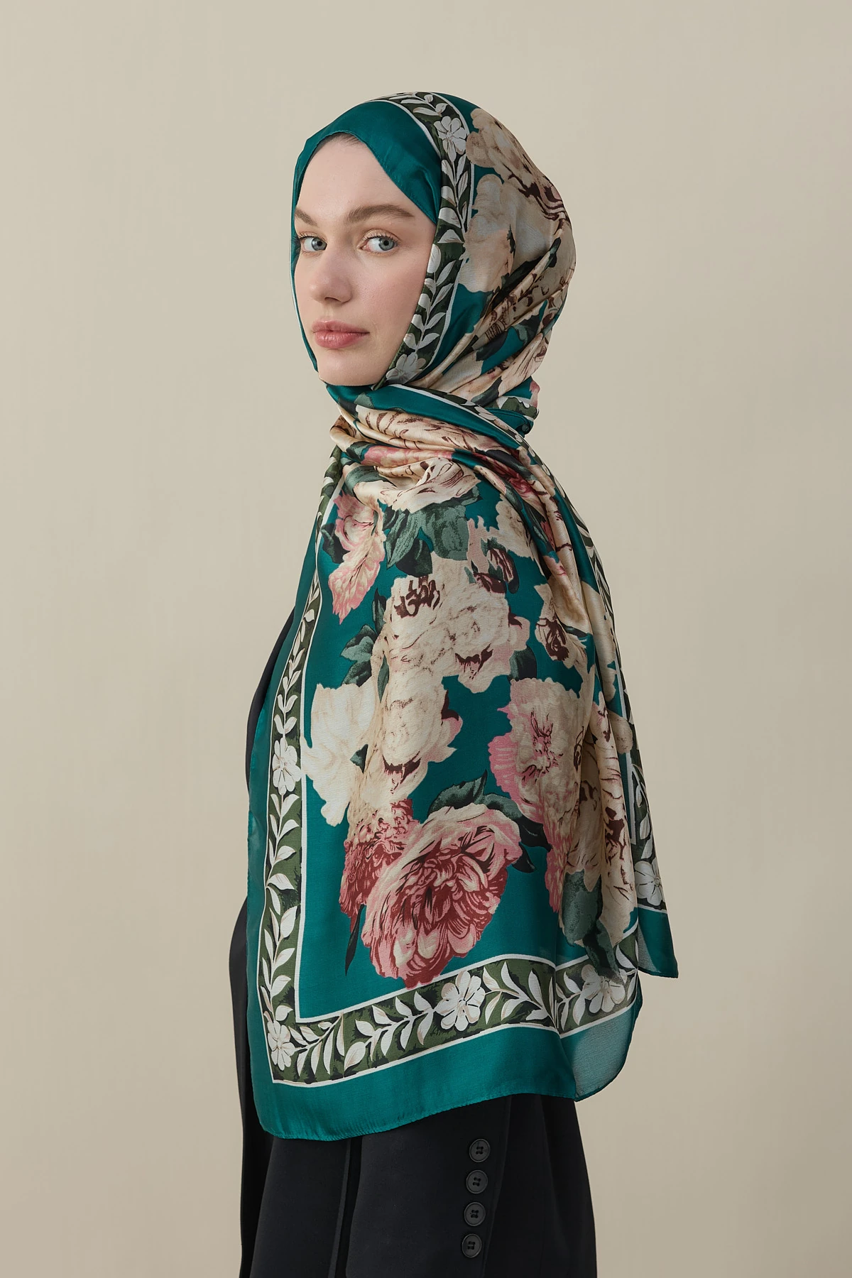 Gül Desen İpek Vual Şal - Turkuaz