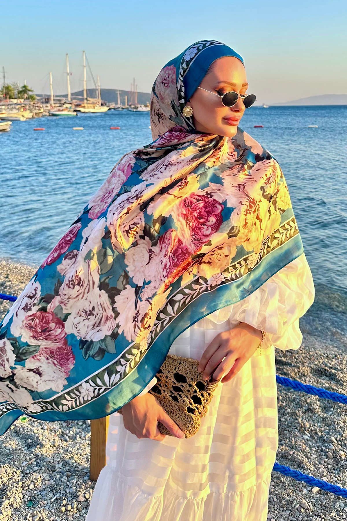 Soft Gül Desen İpek Vual Şal - Turkuaz
