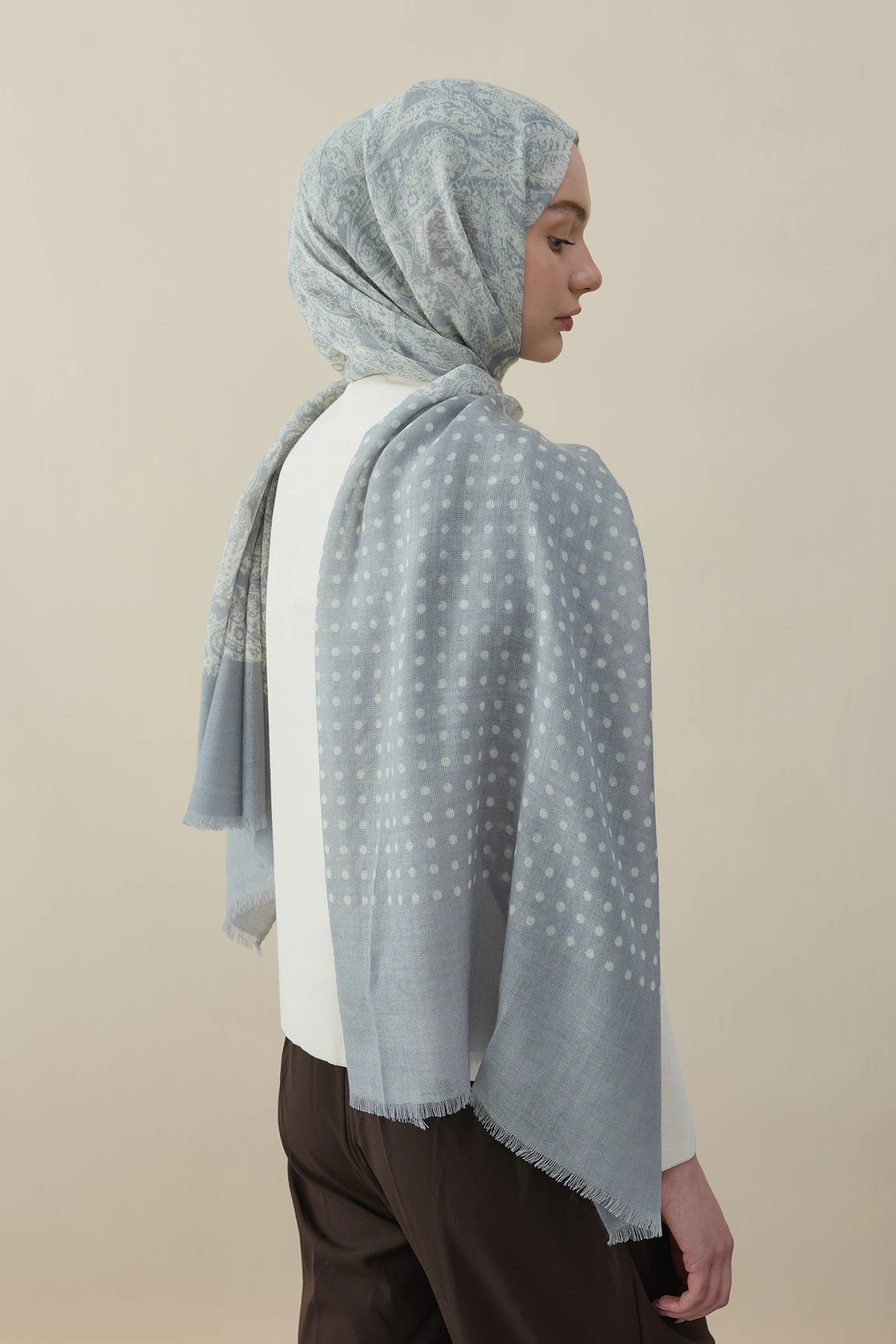 Badem Desen Yün İpek Şal - Gri