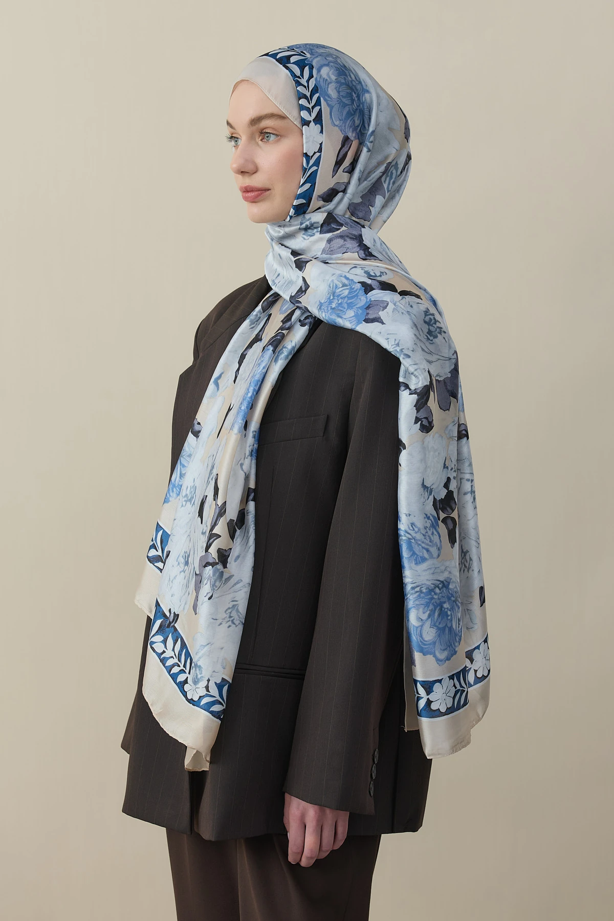 Gül Desen İpek Vual Şal - Mavi