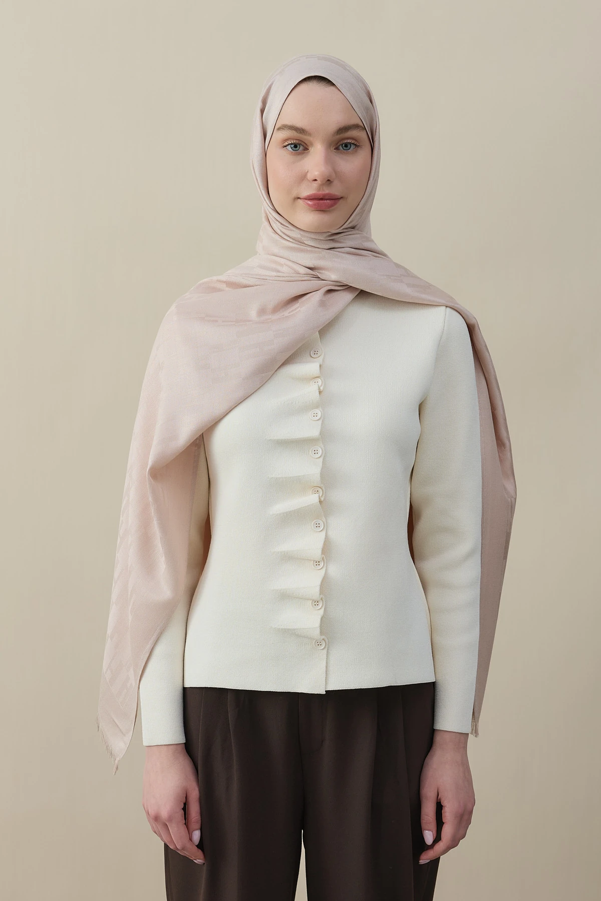 H Desen Kaşmir İpek Şal - Pudra