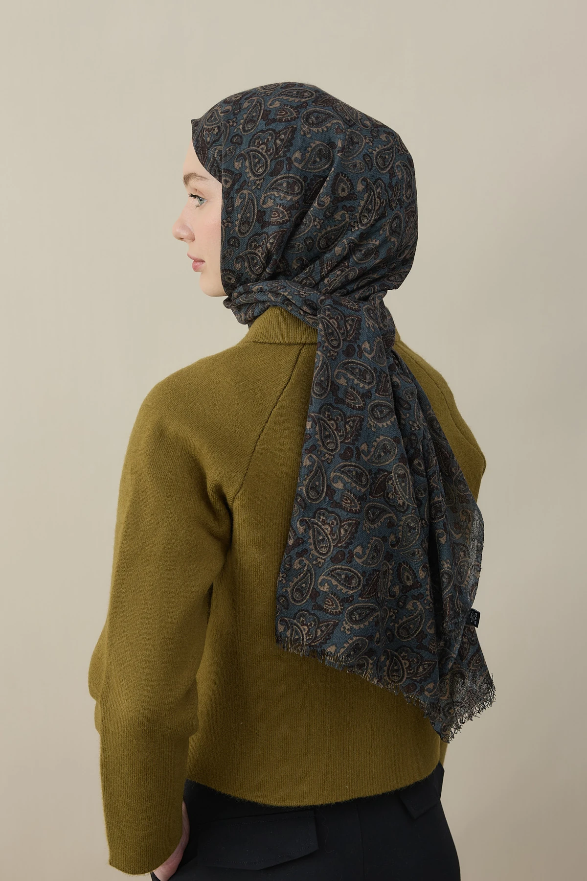 Badem Desen Yün İpek Şal - Mavi-Kahve