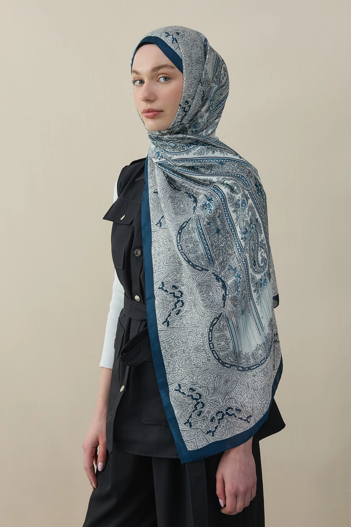 Etnik Desen Vual İpek Şal - Lacivert