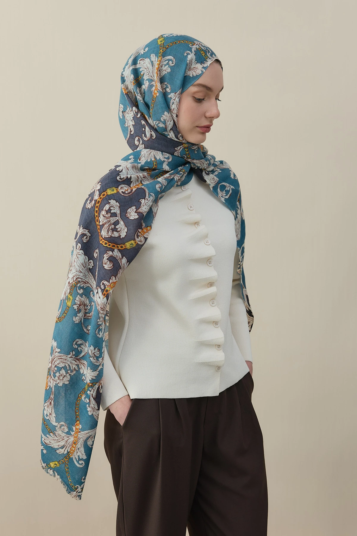 Barok Desen Yün İpek Şal