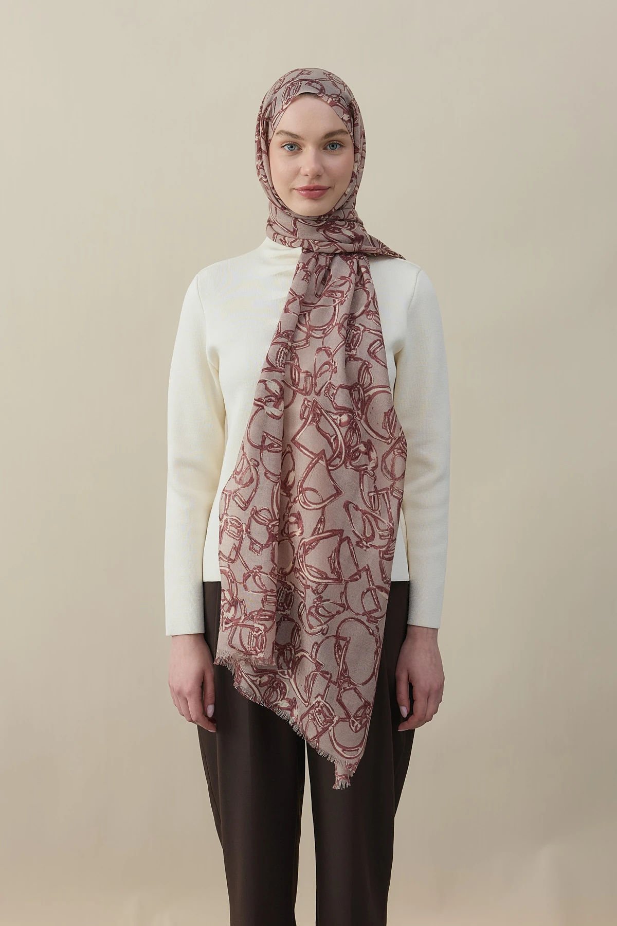 Vespa Desen Yün İpek Şal - -