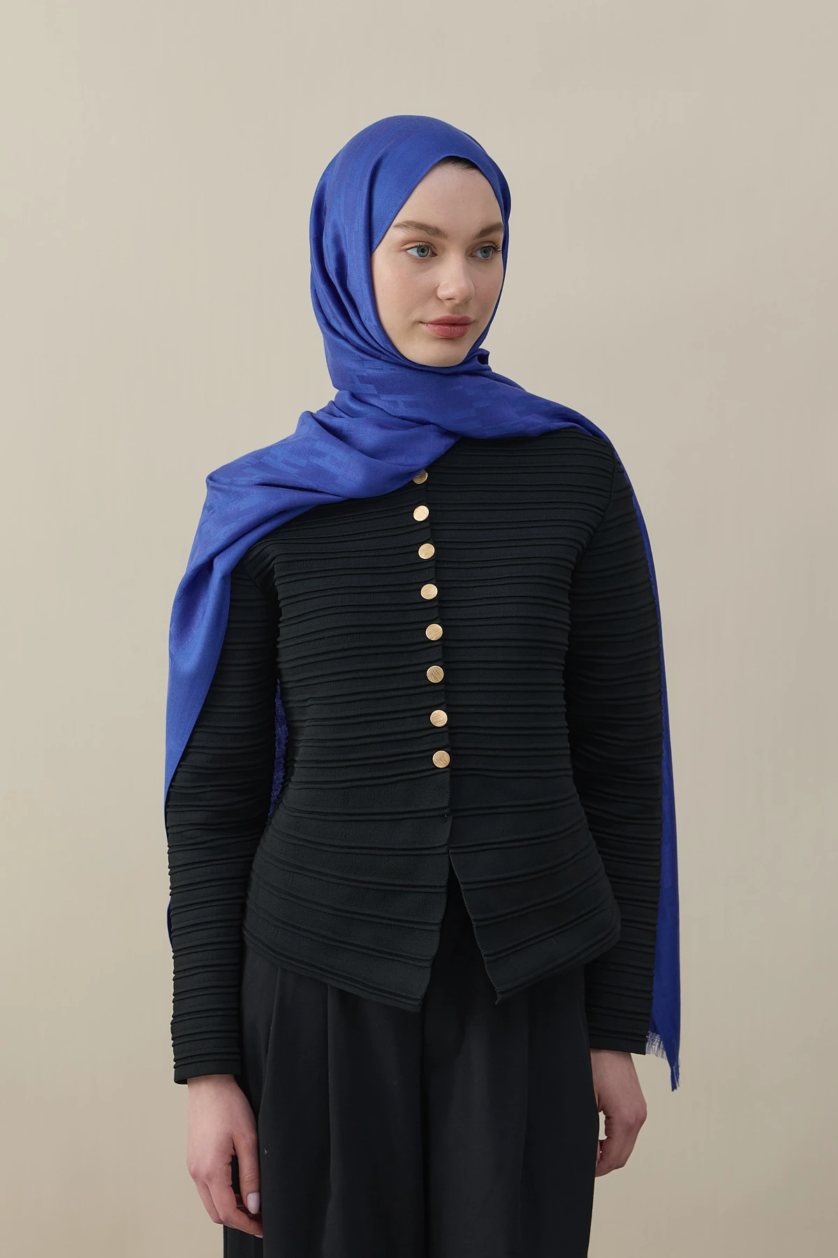 H Desen Kaşmir İpek Şal - Saks Mavisi