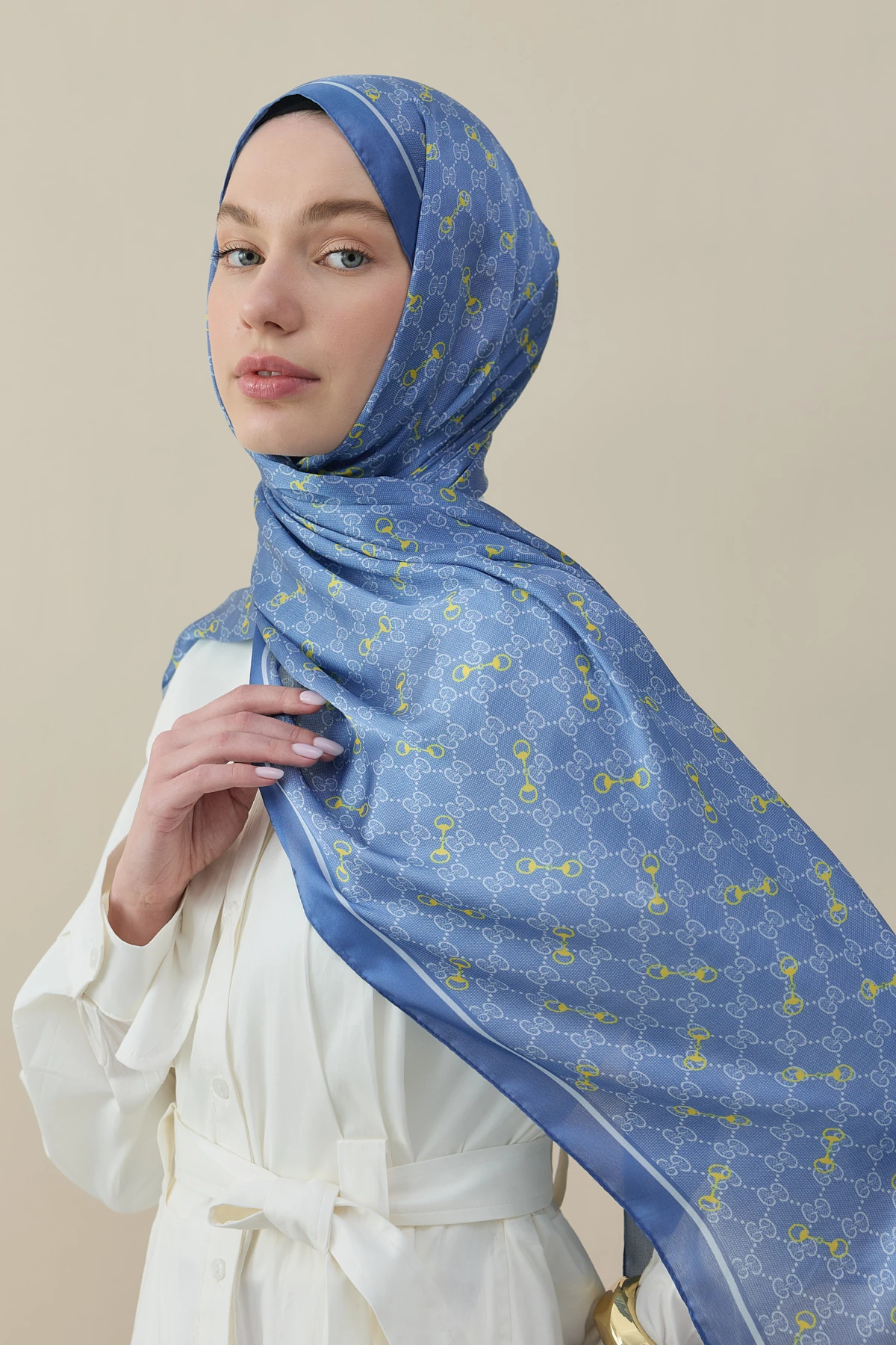 Kelepçe Desen İpek Vual Şal - Mavi