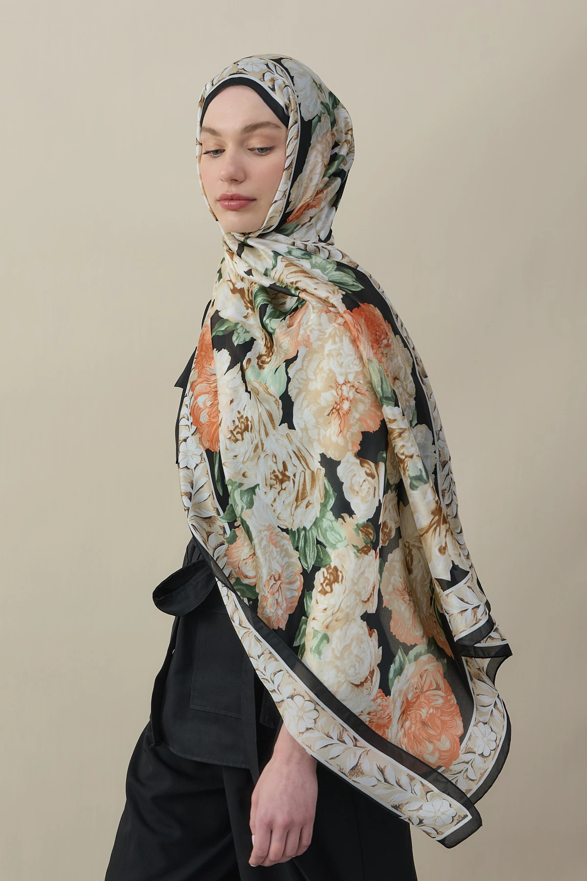 Gül Desen İpek Vual Şal - Turuncu