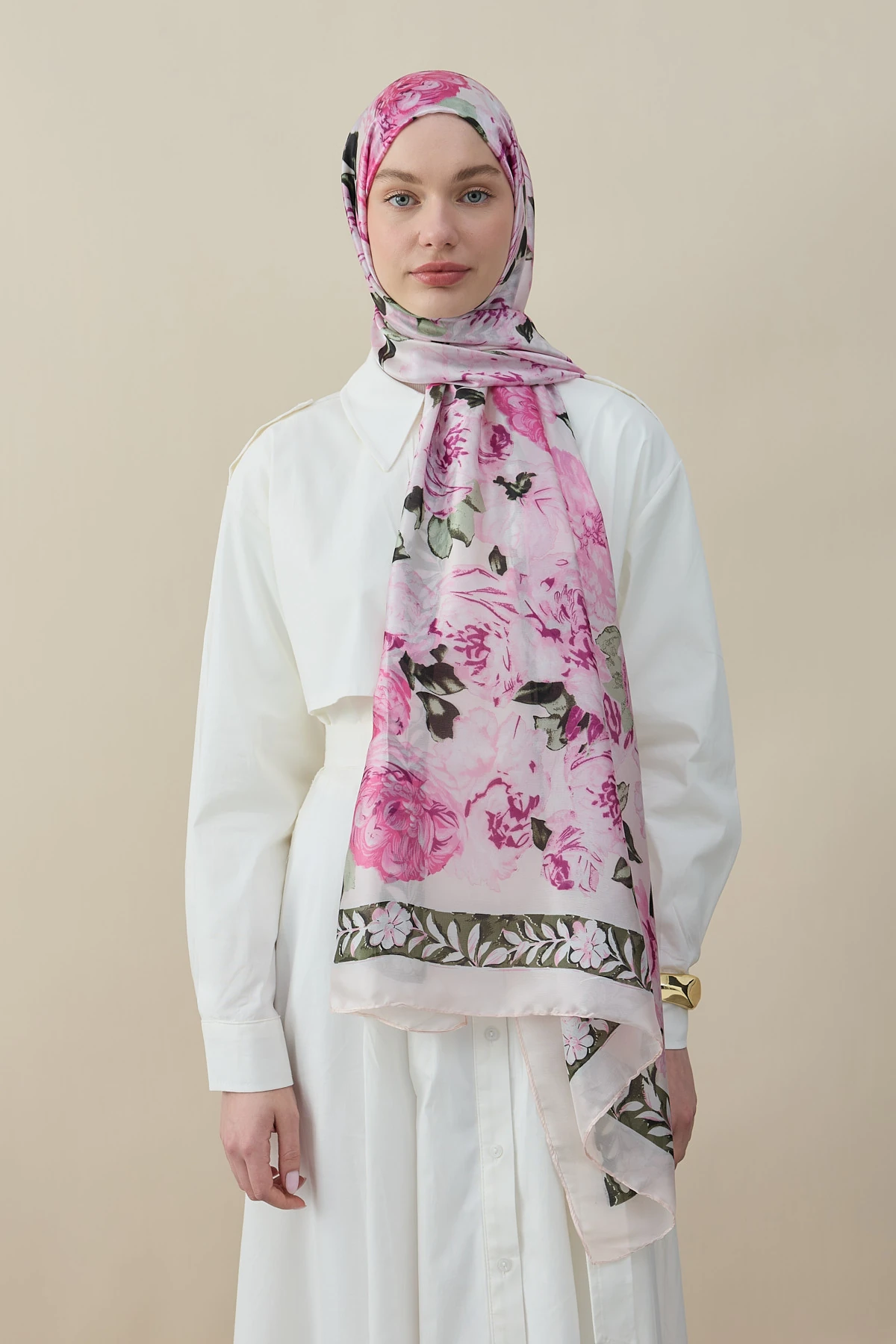 Gül Desen İpek Vual Şal - Pudra