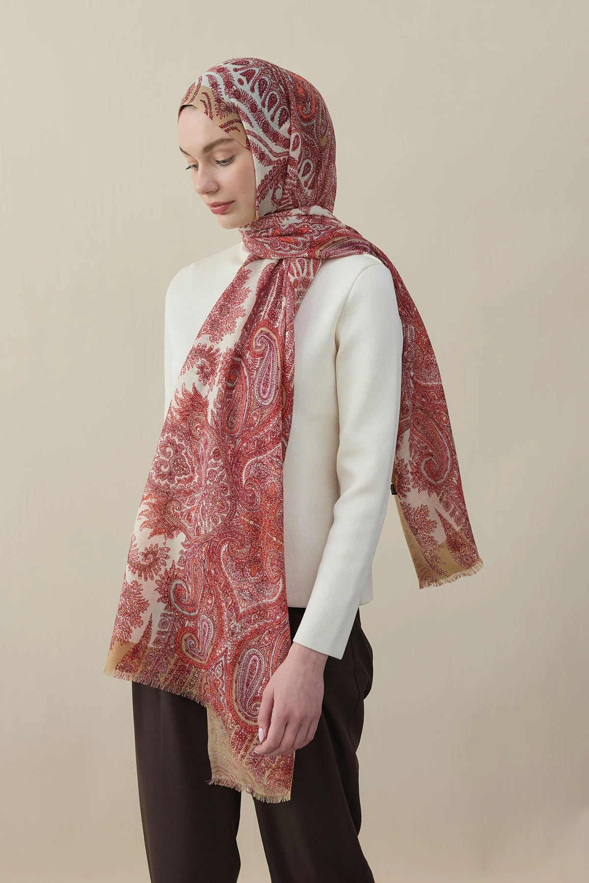 Tropikal Badem Desen Yün İpek Şal